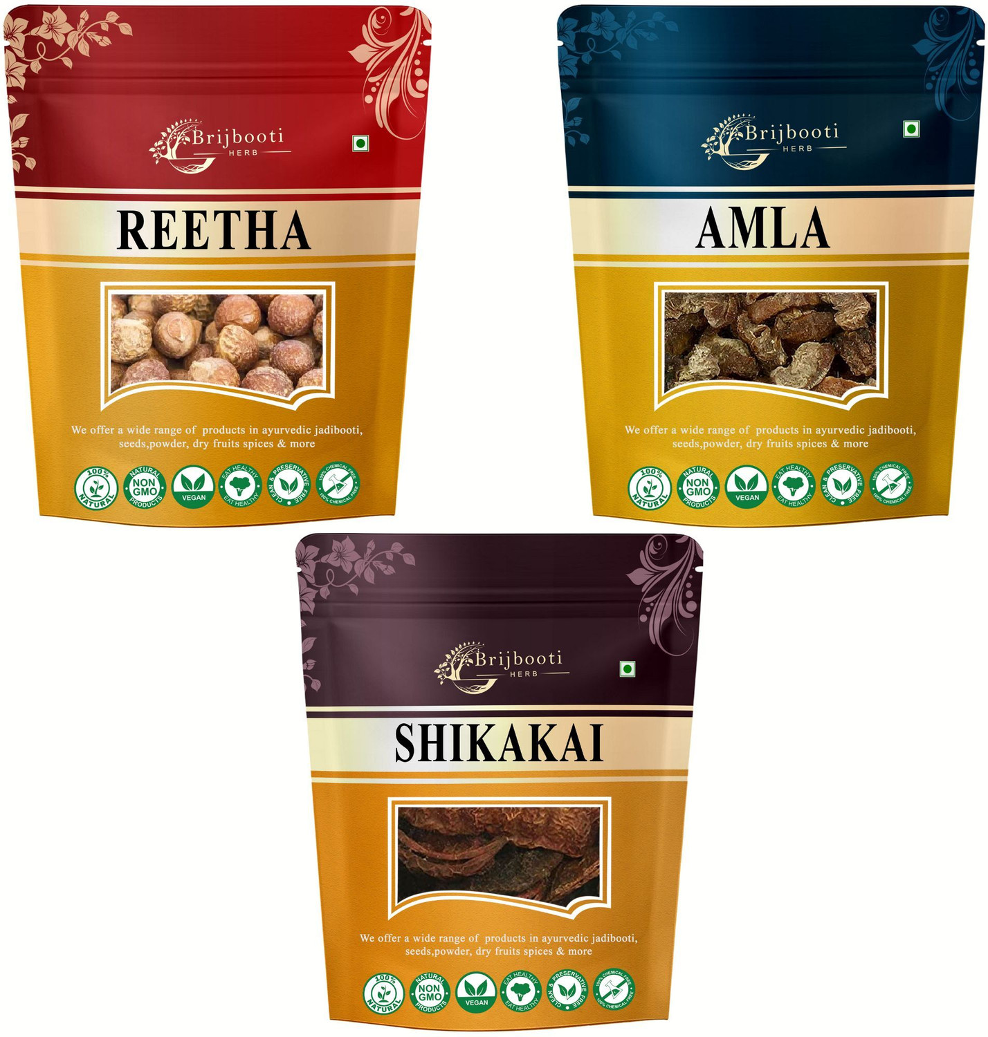 Image of BrijBooti Organic Reetha Amla Shikakai Combo Pack For Dry Hair (Raw Form) -200gm Each