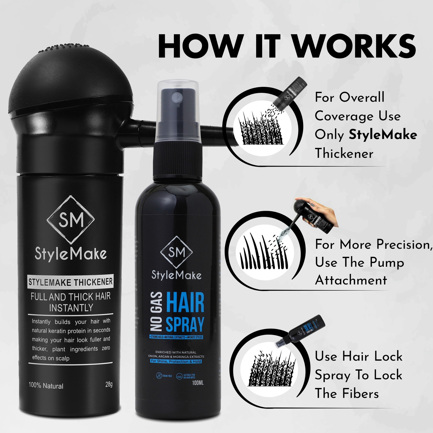 Image of StyleMake Hair Building Fiber + Pump + Lock Spray (Dark Brown 28g + 100 ml + Pump) Trio (128 g)