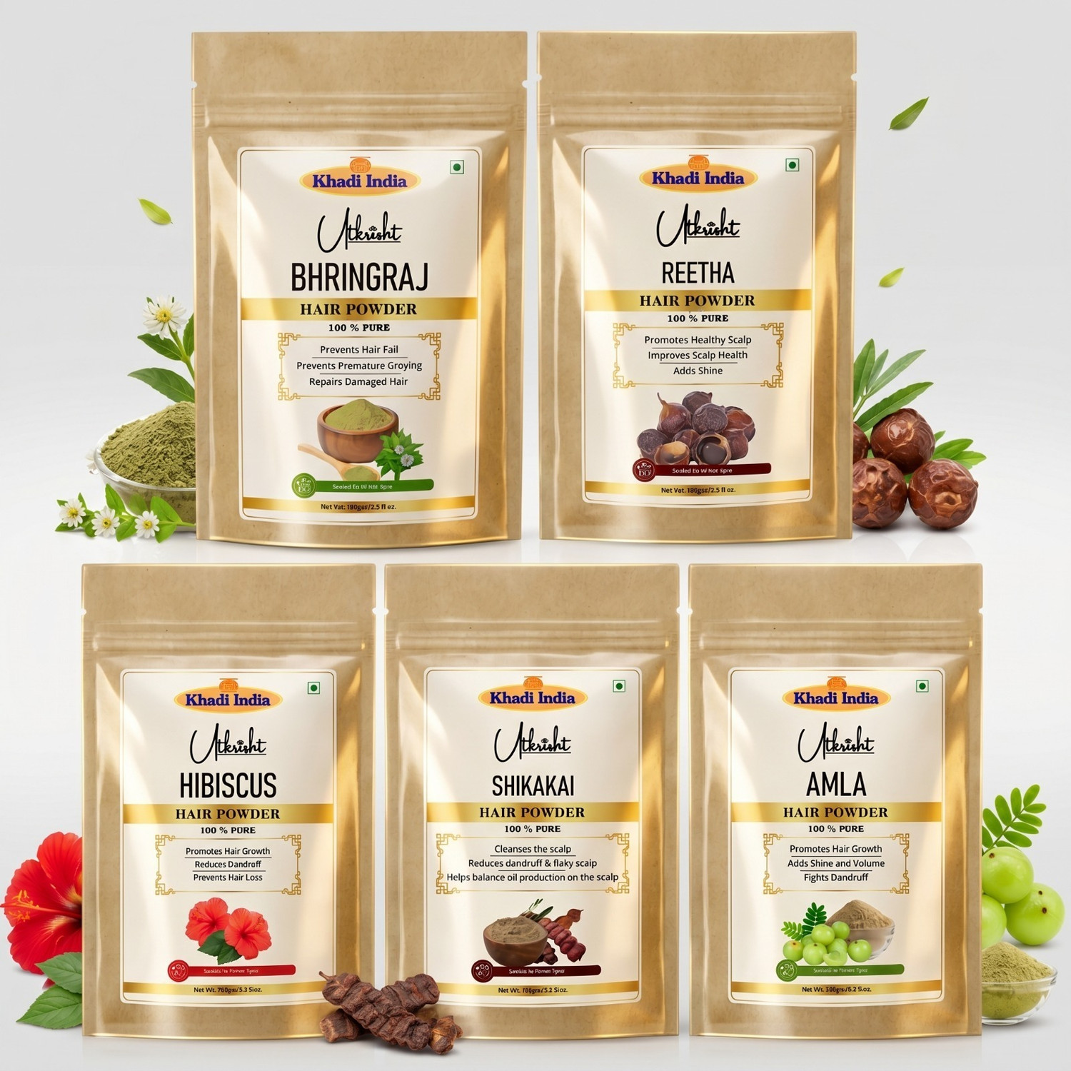 Image of Utkrisht Amla, Reetha, Shikakai, Bhringraj, Hibiscus Powder - Hair Pack Combo Pack