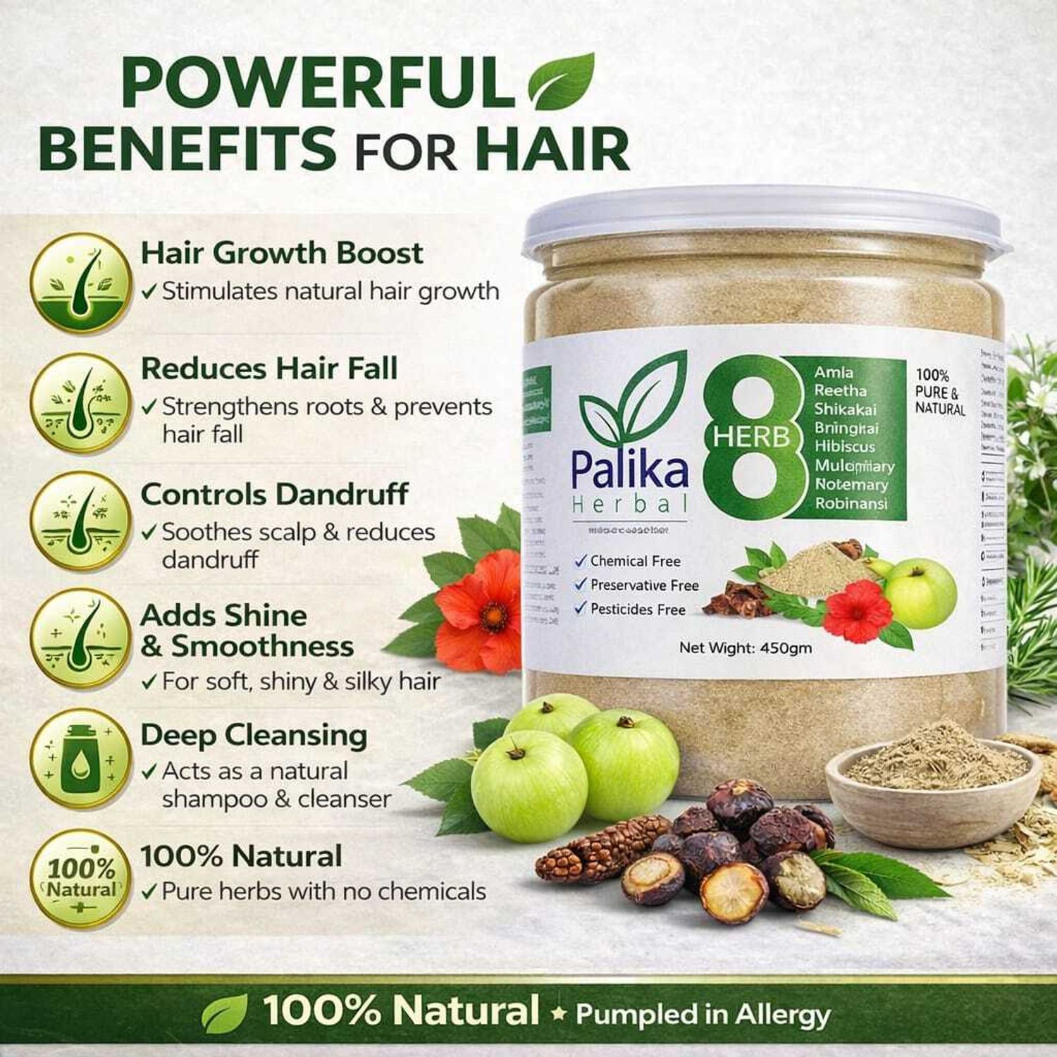 Image of Palika Herbal Amla Reetha Shikakai Bhringraj Hibiscus Rosemary & Methi Natural Shampoo Powder