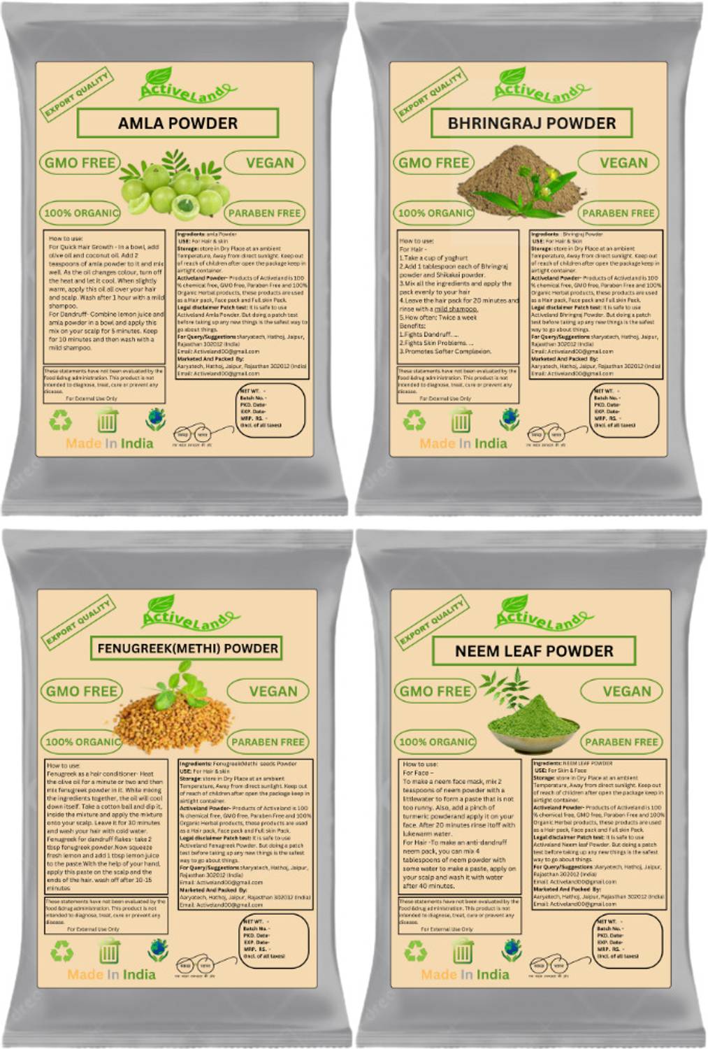 Activeland Amla powder Neem , Bringraj powder Methi powder 50gm each