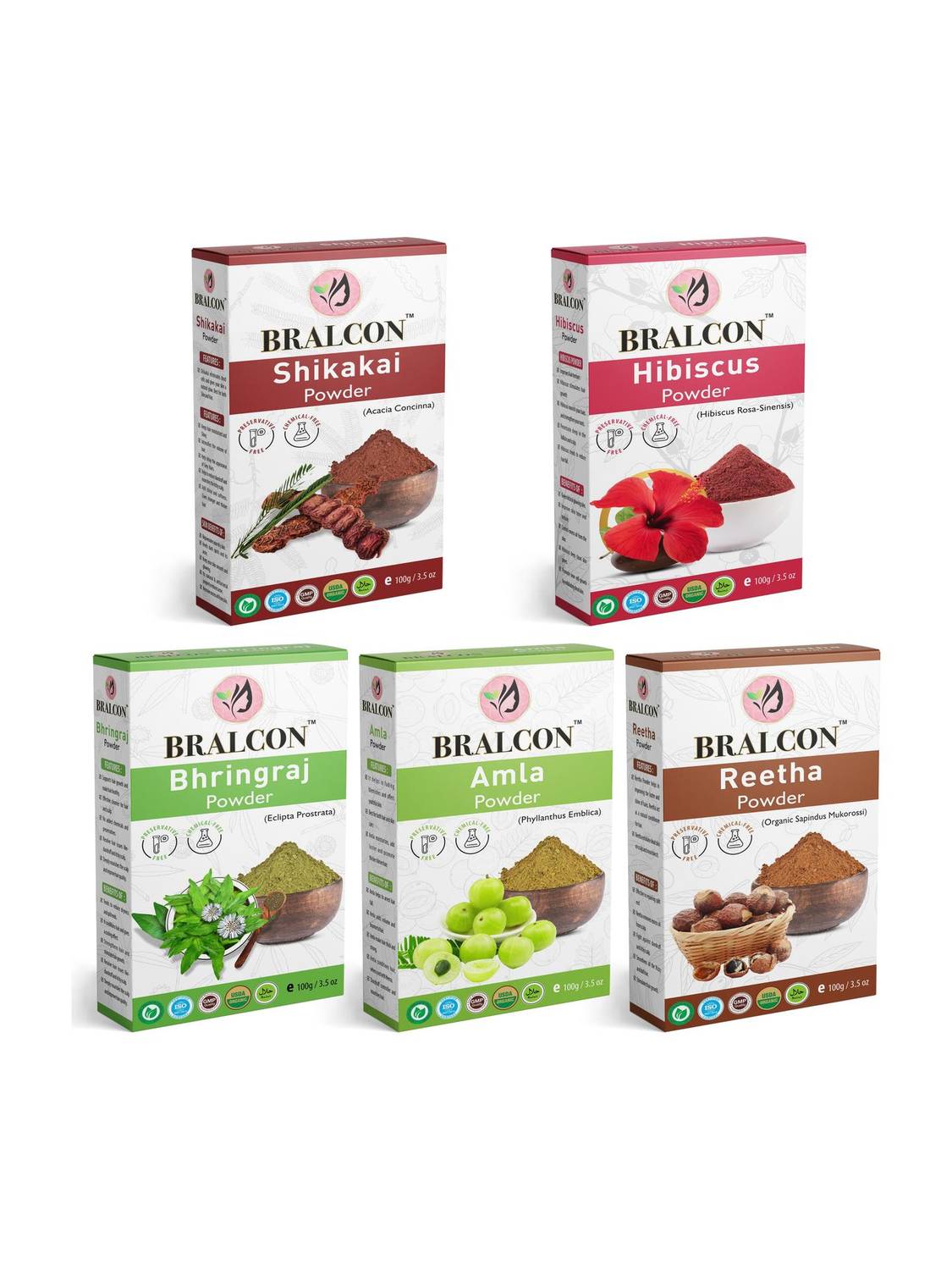 BRALCON Organic Amla, Reetha, Shikakai, Bhringraj, Hibiscus Powder Combo-(100g 5 Pack)|