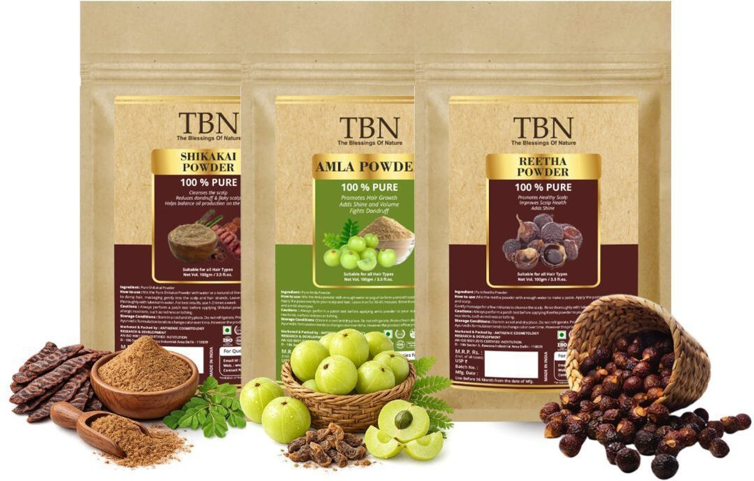 Image of TBN Natural Amla, Reetha, Shikakai Powder for hair Treatment