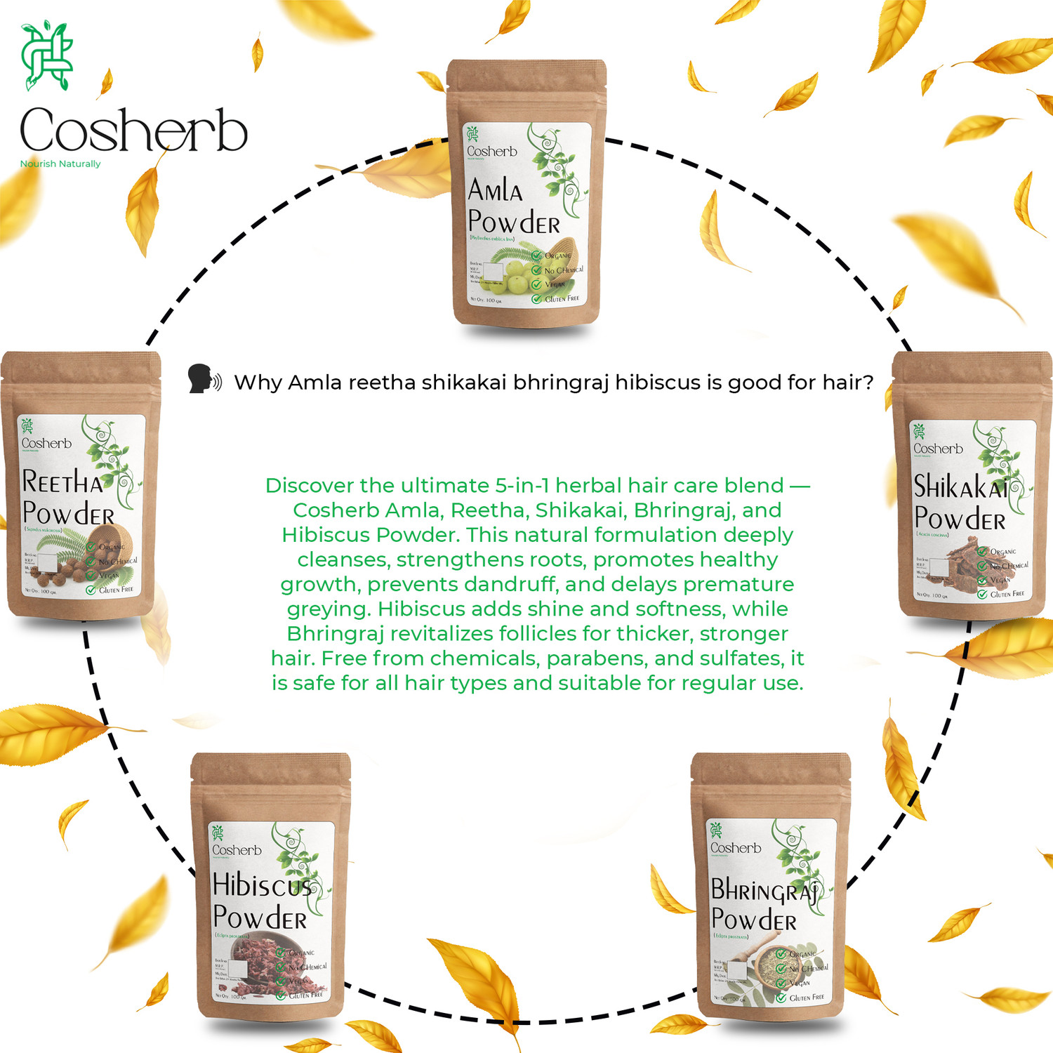Image of Cosherb Pure Amla Reetha Shikakai Bhringraj & Hibiscus powder for Hair Care