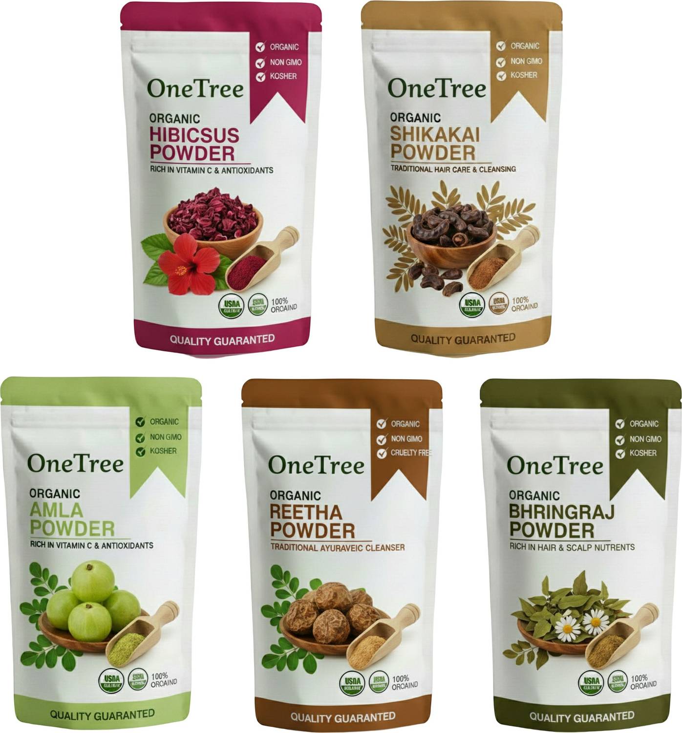 Onetree Amla, Reetha, Shikakai, Hibiscus, Bhringraj Powder for Hair - Image 1