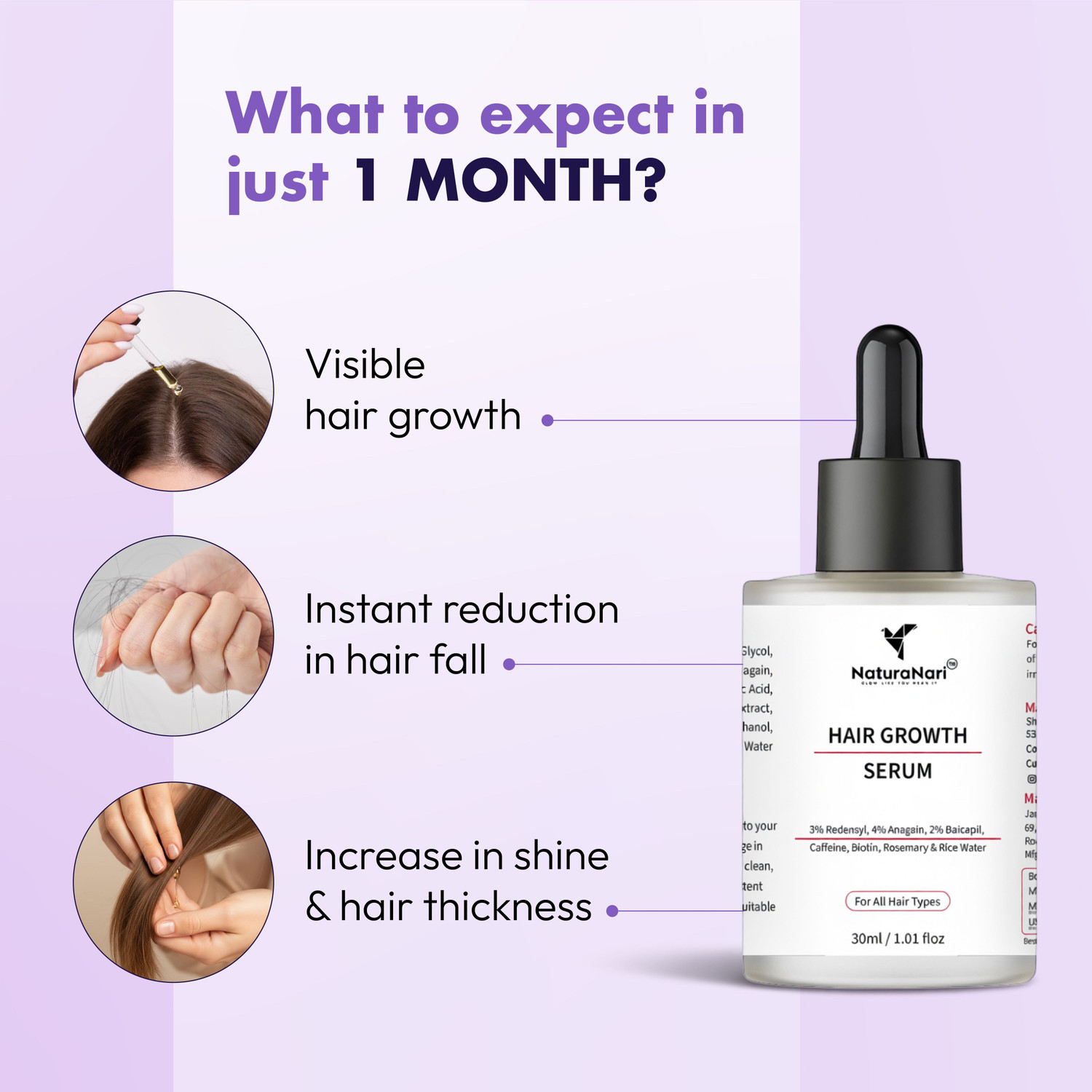Image of NaturaNari Hair Growth Serum with 3% Redensyl, 4% Anagain, 2% Baicapil For Women & Men (30 ml)