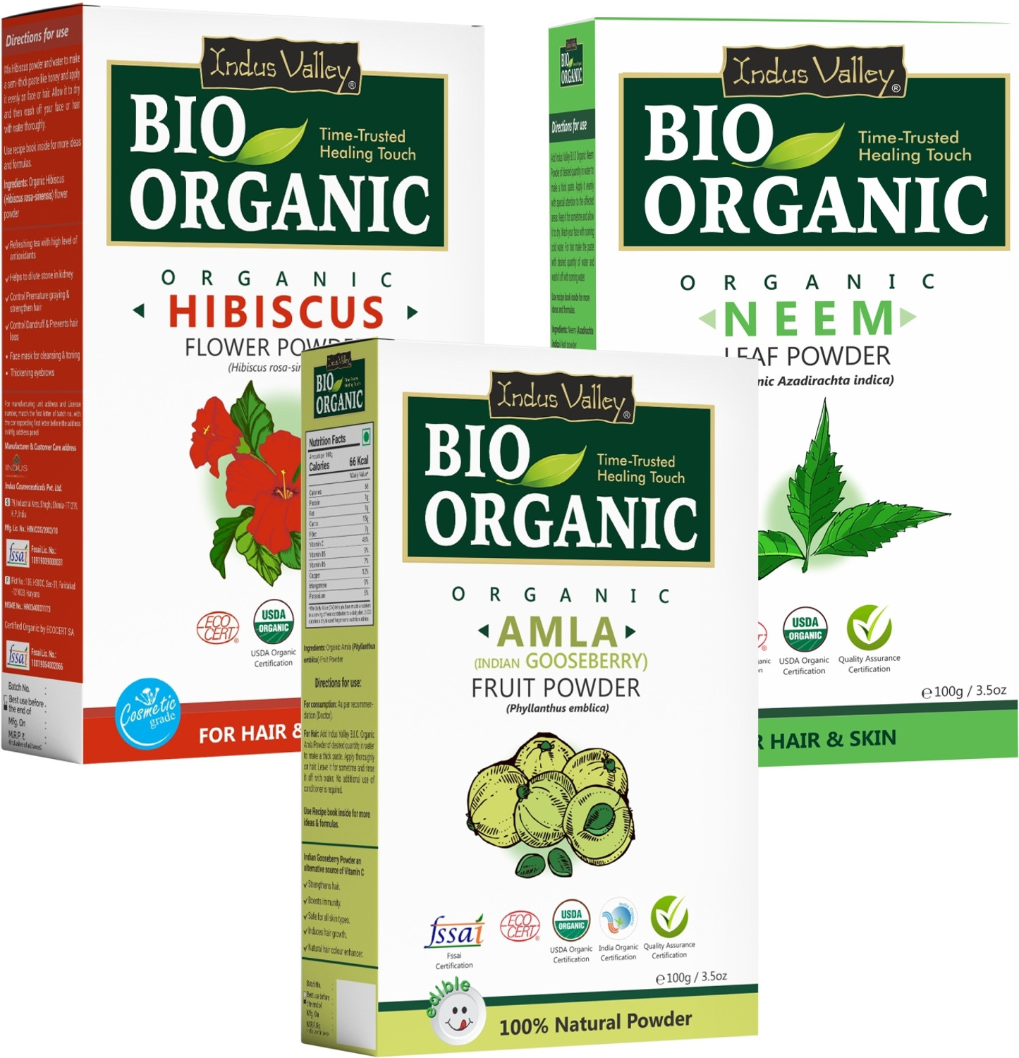Image of Indus Valley Bio Organic Hair & Skin Care Combo - Hibiscus, Neem & Amla Powder 100g - Each
