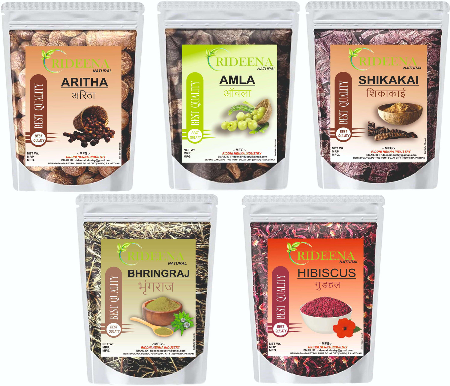 Image of Rideena Natural Dry Amla Raw Reetha Raw Shikakai Raw Bhrinjraj Raw Hibiscus Raw