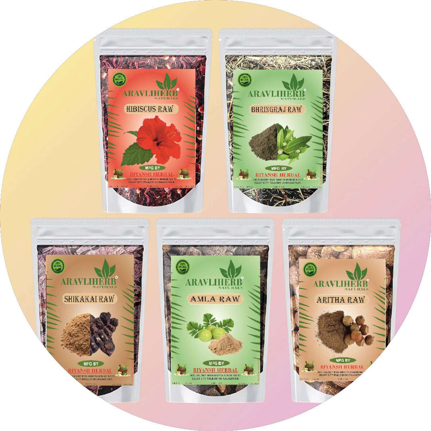 Aravliherb Natural Amla Reetha Shikakai Bhringraj Hibiscus raw