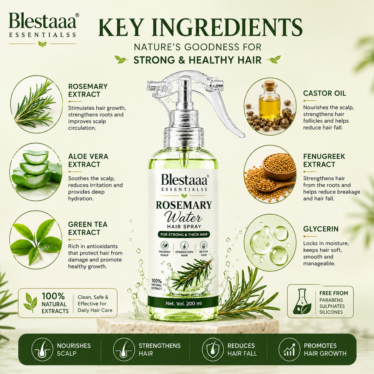 Image of blestaaa essentialss Rosemary Hair Spray for Stronger Roots, Healthy Scalp and Hair Growth Care