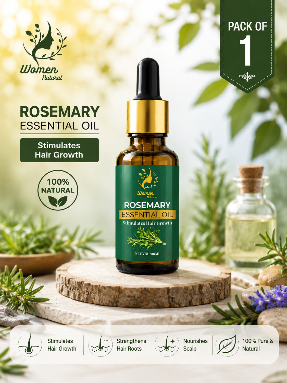 Image of women natural Rosemary Essential Oil 100% Premium & Pure For Skin and Hair, Hair Growth