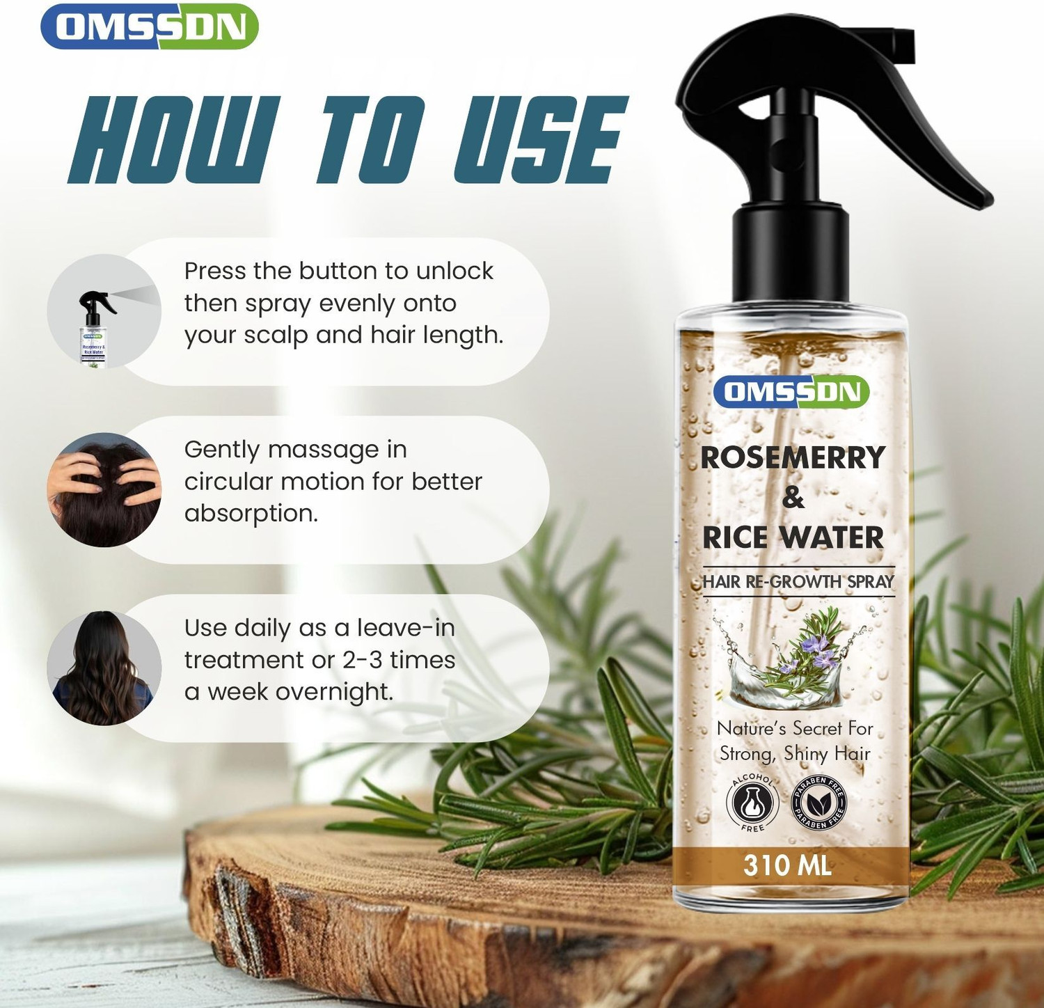Image of OMSSDN Rosemary & Rice Water Spray for Hair Re-Growth, Hair Fall Control - 310 ml X 2