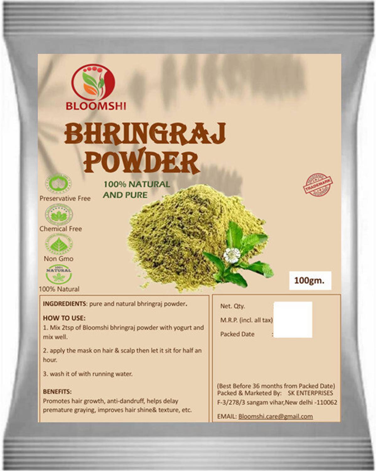 BLOOMSHI 100% Natural Bhringraj Powder for hair growth for Men and Women
