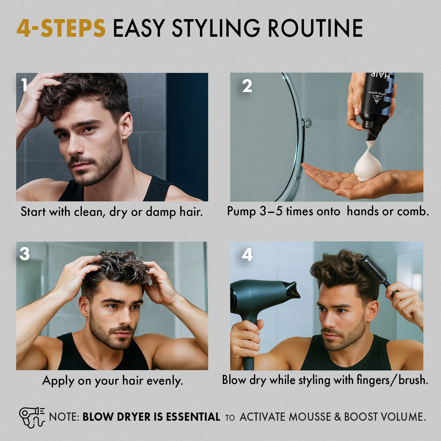 Image of urbangabru Hair Volumizing Mousse for Men, Alcohol-Free, Lightweight Formula for Medium Hair, Adds Long-Lasting Volume & Natural Finish, Medium Hold High Hair Volumizer Foam