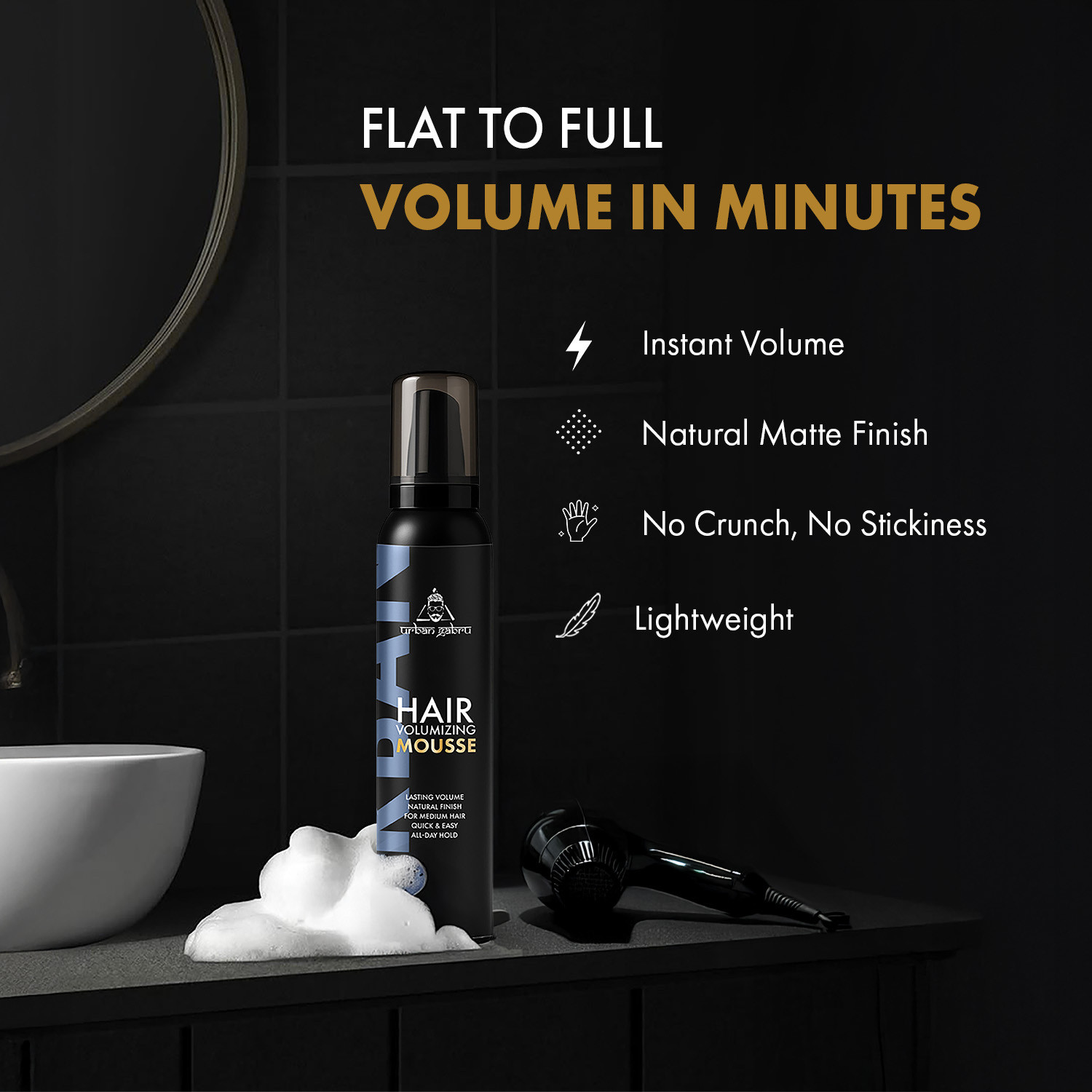 Image of urbangabru Hair Volumizing Mousse for Men, Alcohol-Free, Lightweight Formula for Medium Hair, Adds Long-Lasting Volume & Natural Finish, Medium Hold High Hair Volumizer Foam