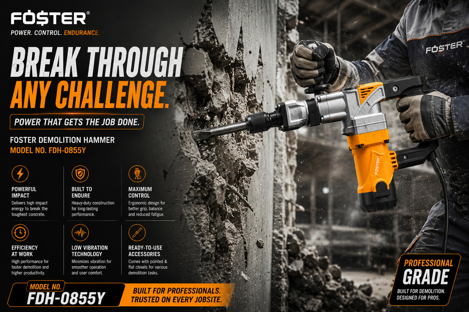 Image of FOSTER FDH-0855Y Demolition Hammer Breaker Machine |1800W, 18 J Impact Energy | FDH-0855Y 7.5 Kg Demolition Hammer Drill