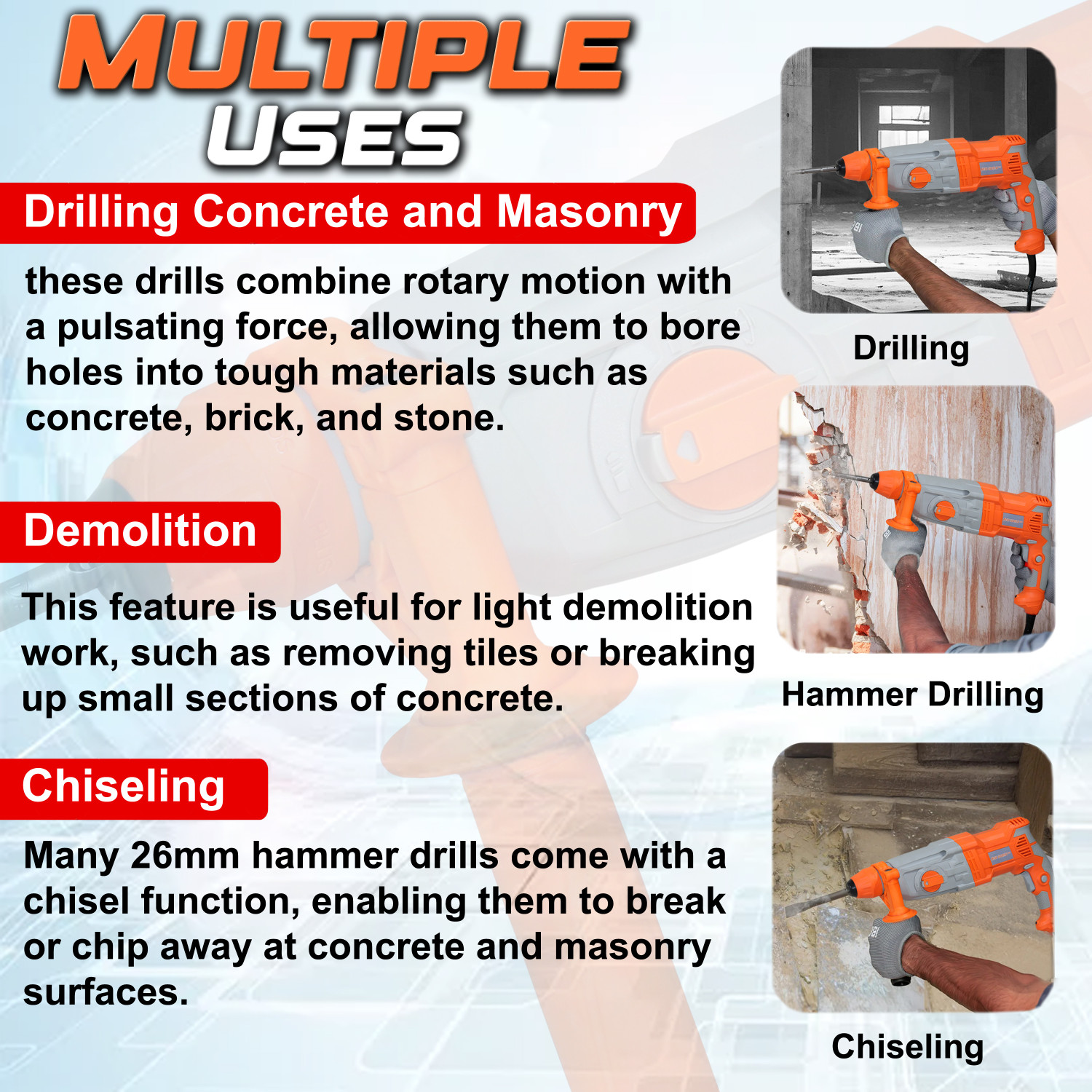 Image of Digital Craft Drill Machine 100% Copper Winding - 13mm Chuck Hand Tool with SDS Adaptor 2200W Electric Rotary Hammer Drill Machine 26mm with 5 Drill Bits Rotary Hammer Drill