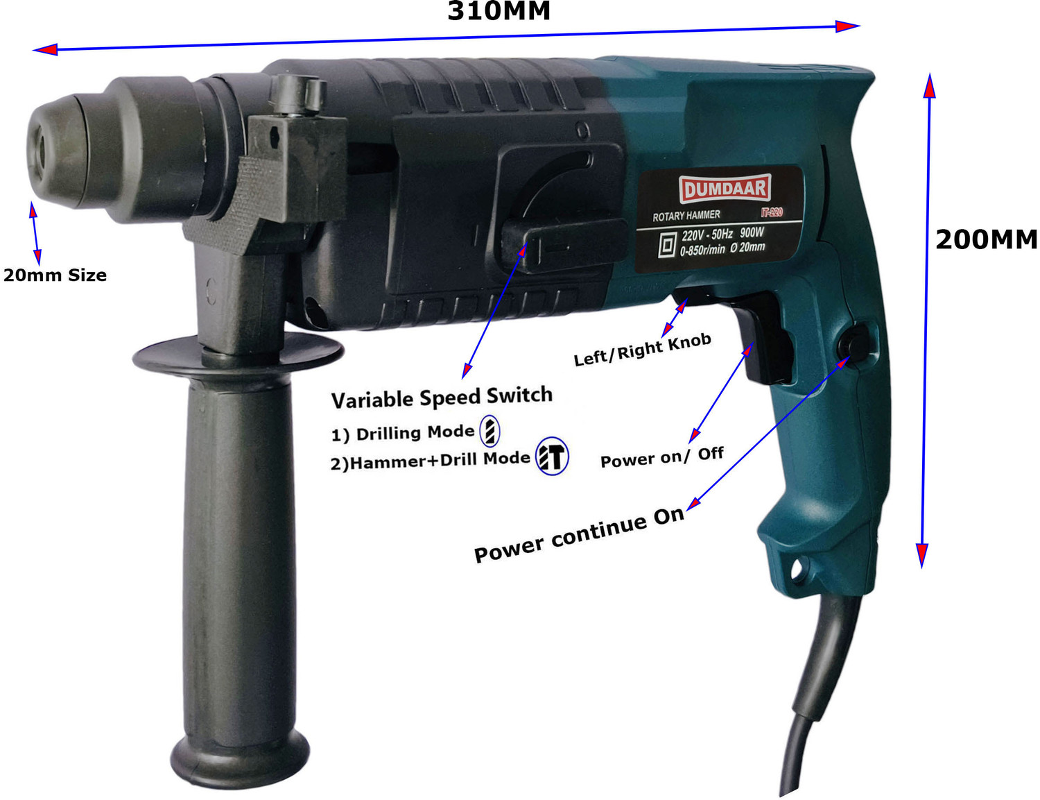 Image of DUMDAAR Electric machine with 3pc Hammer bit set Pistol Grip Drill
