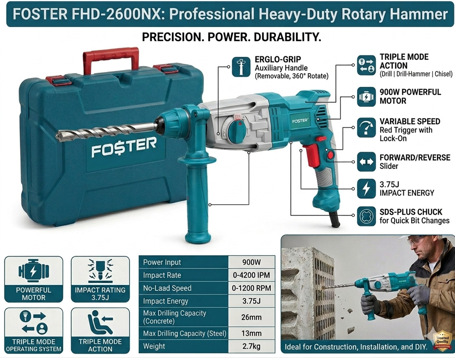 Image of FOSTER Hammering machine for Wall | Copper Armature| Triple Mode Action | 3.75J, 900W | FHD-2600NX | 26mm , 900W | Best Seller , Heavy Duty | Chisel Machine | With Bits Rotary Hammer Drill