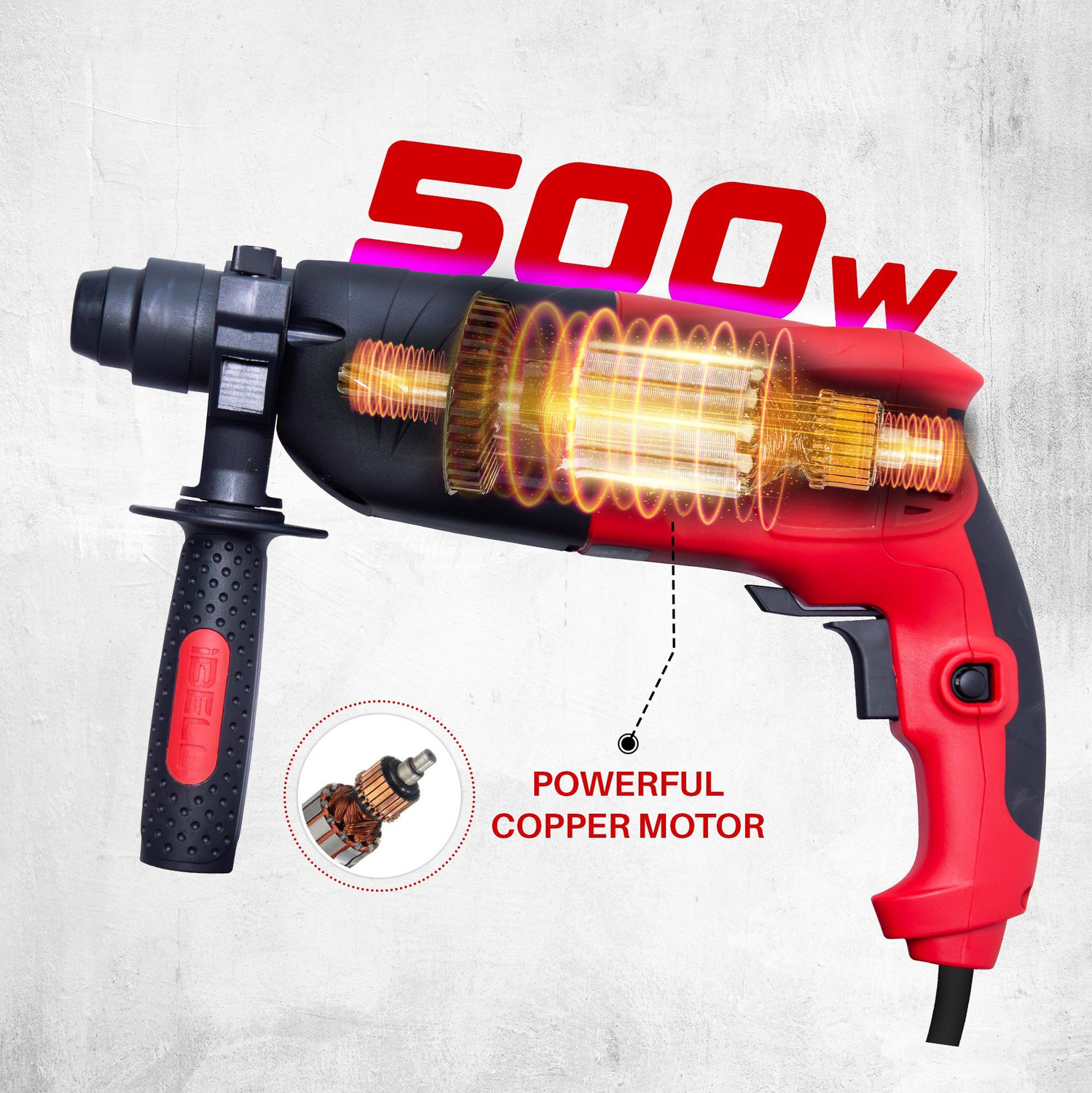 Image of iBELL Rotary Hammer Drill, 850 RPM, Impact Energy 1.5J, RH20-25,SDS Plus,500W,20MM Rotary Hammer Drill
