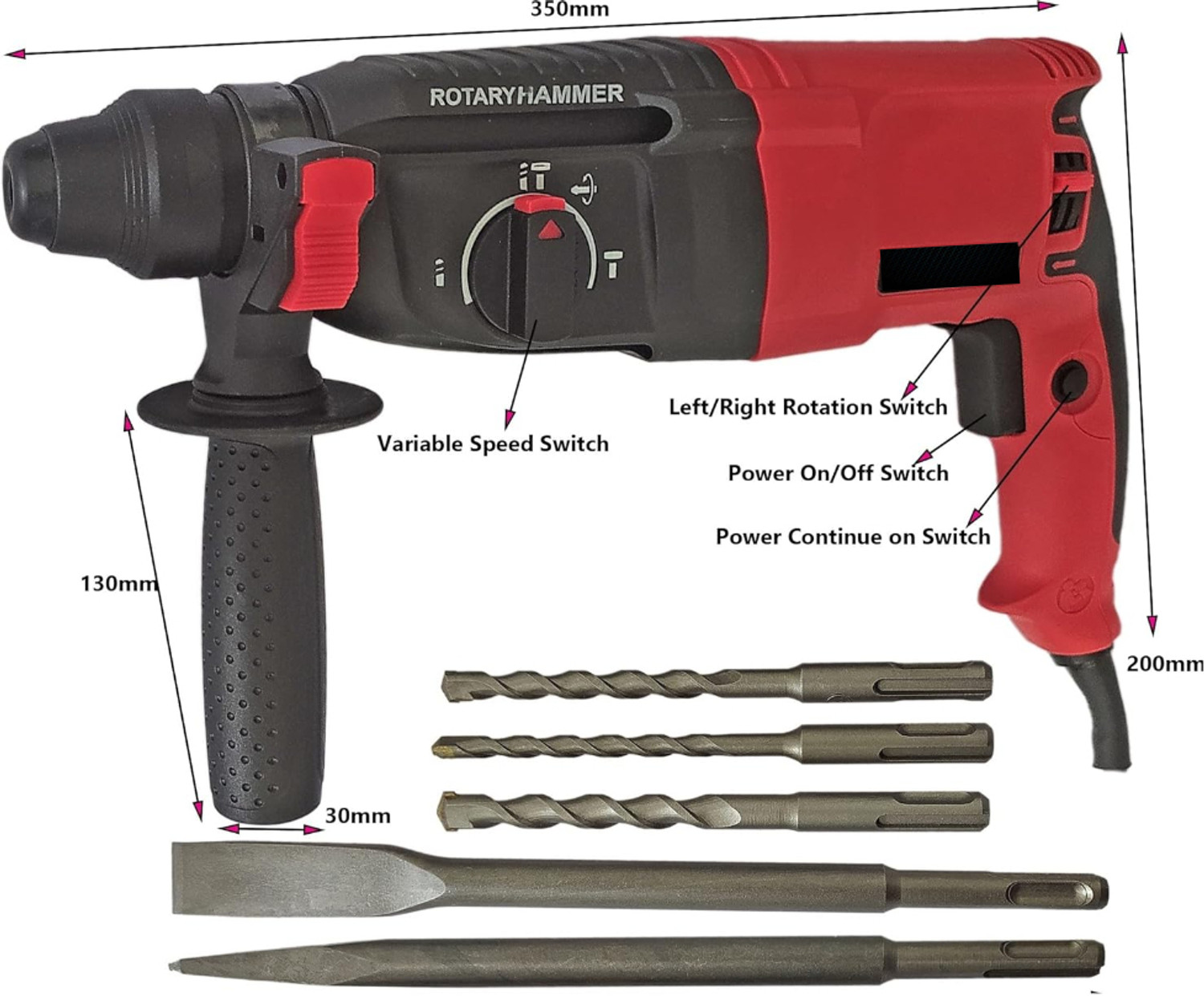 Image of RanPra 26MM ROTARY HAMMER DRILL WITH HANDTOOL SET & SAFETY GLOVES 100% copper winding 26 mm hammer dril With 13mm Drill Chuck Sds 5 Pcs Drill Bit Rotary Hammer Drill
