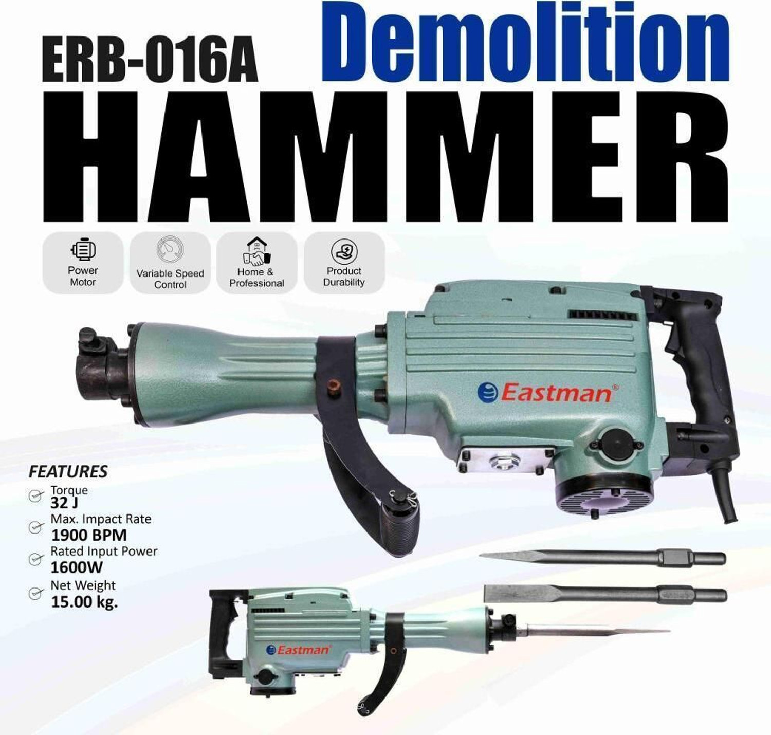 Image of EASTMAN Professional Demolition Hammer with Heavy-Duty Steel Case, Torque-35J ERB-016A Hammer Drill