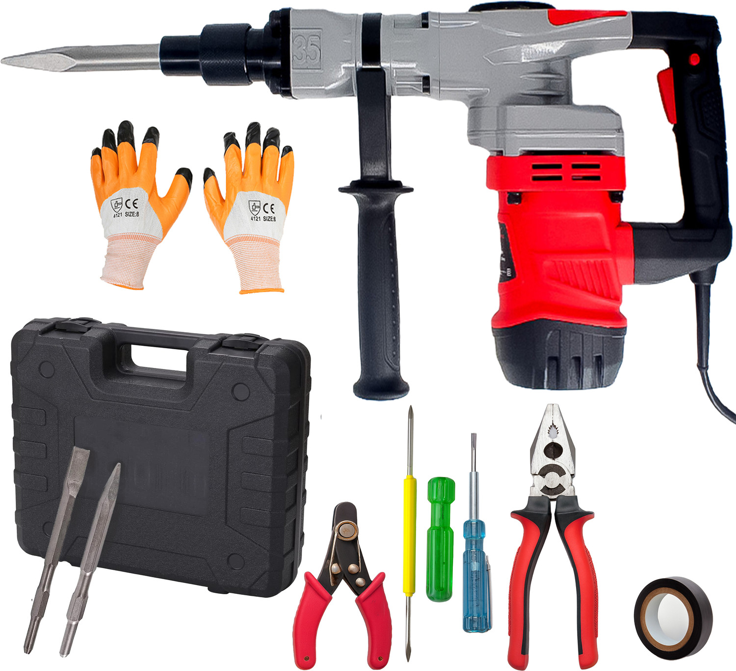 Image of Hillgrove HGCM1399M1 2000W 100% Copper Winding 7Kg Concrete Demolition Hammer Chipping HGCM1399M1 Hammering Drilling Breaker Drill Machine 7Kg Kit Set Rotary Hammer Drill