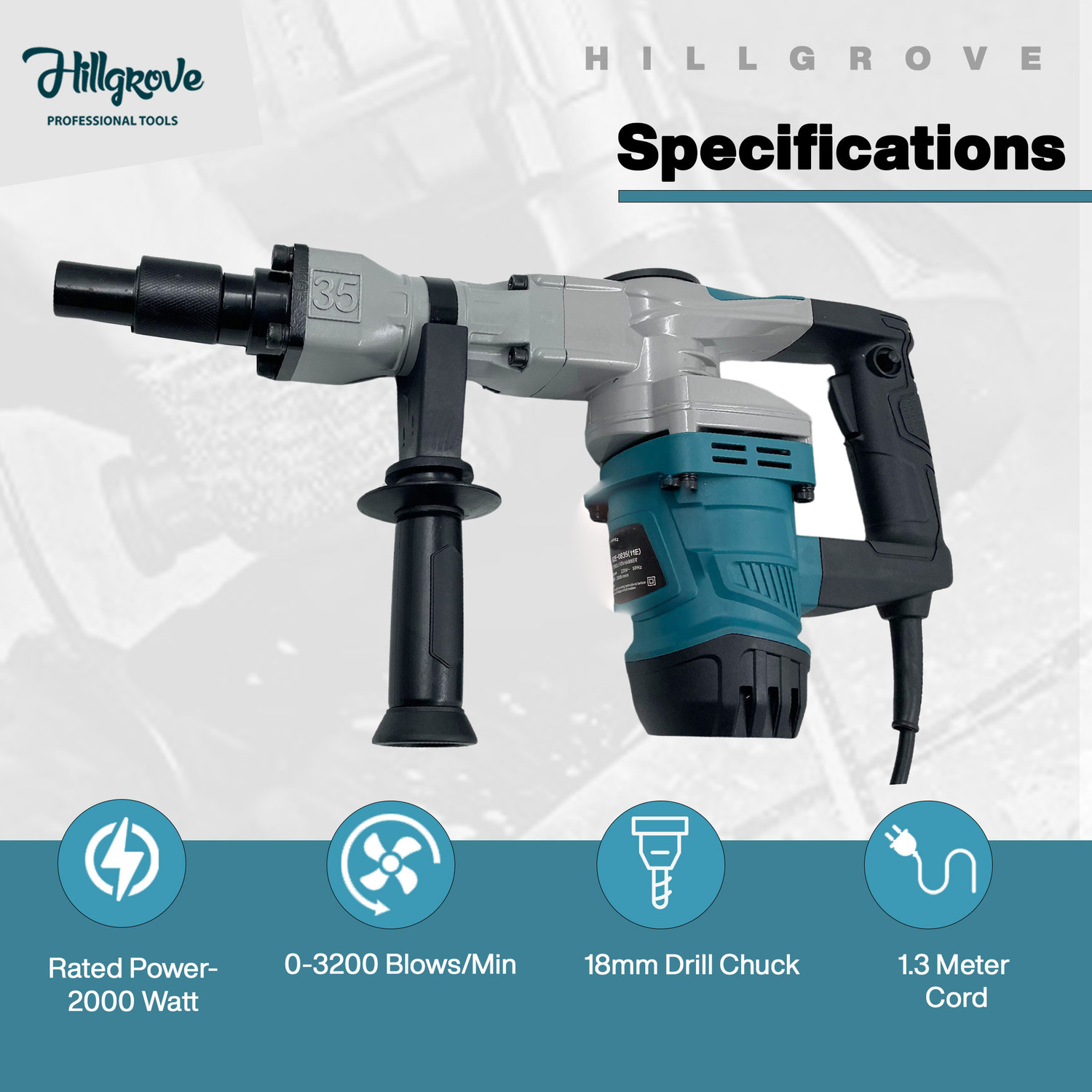 Image of Hillgrove 100% Copper Winding HGCM1058M3 18MM Drill Machine with 2 Bits for Breaking Concrete Wall (18 mm Chuck Size, 2000 W) HPD36 Rotary Hammer Drill