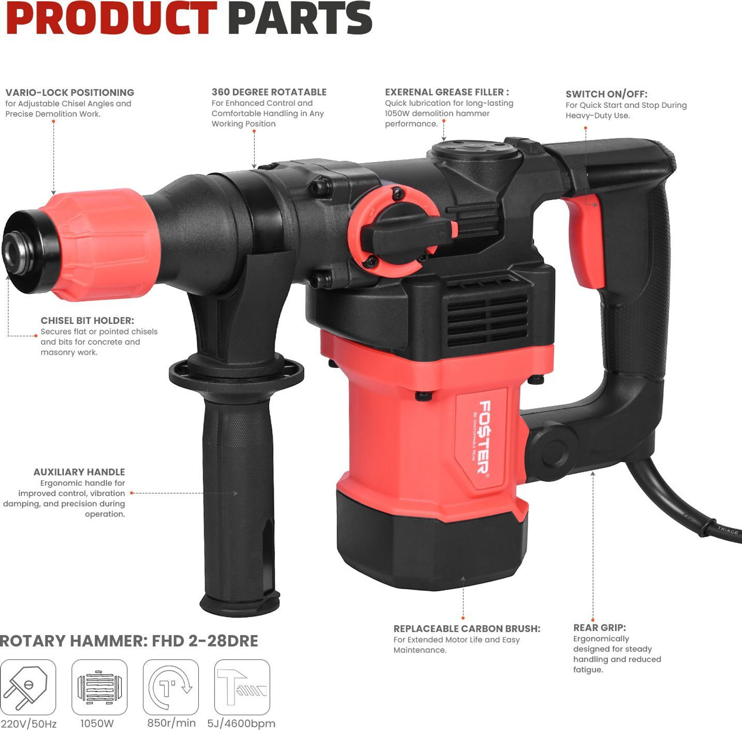 Image of FOSTER FHD 2-28 DRE | 28mm , 1050W | Best Seller , Heavy Duty | Hammering machine for Wall, Brick, Metal, Concrete | Chisel Machine | With Bits Hammer Drill