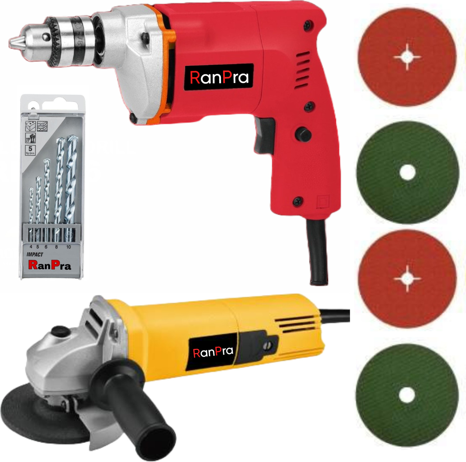 Image of RanPra COMBO OF 1Omm Drill Machine with 5pcs Drill bits and 4useable Blades and 4inch Angle Grinder Hammer Drill