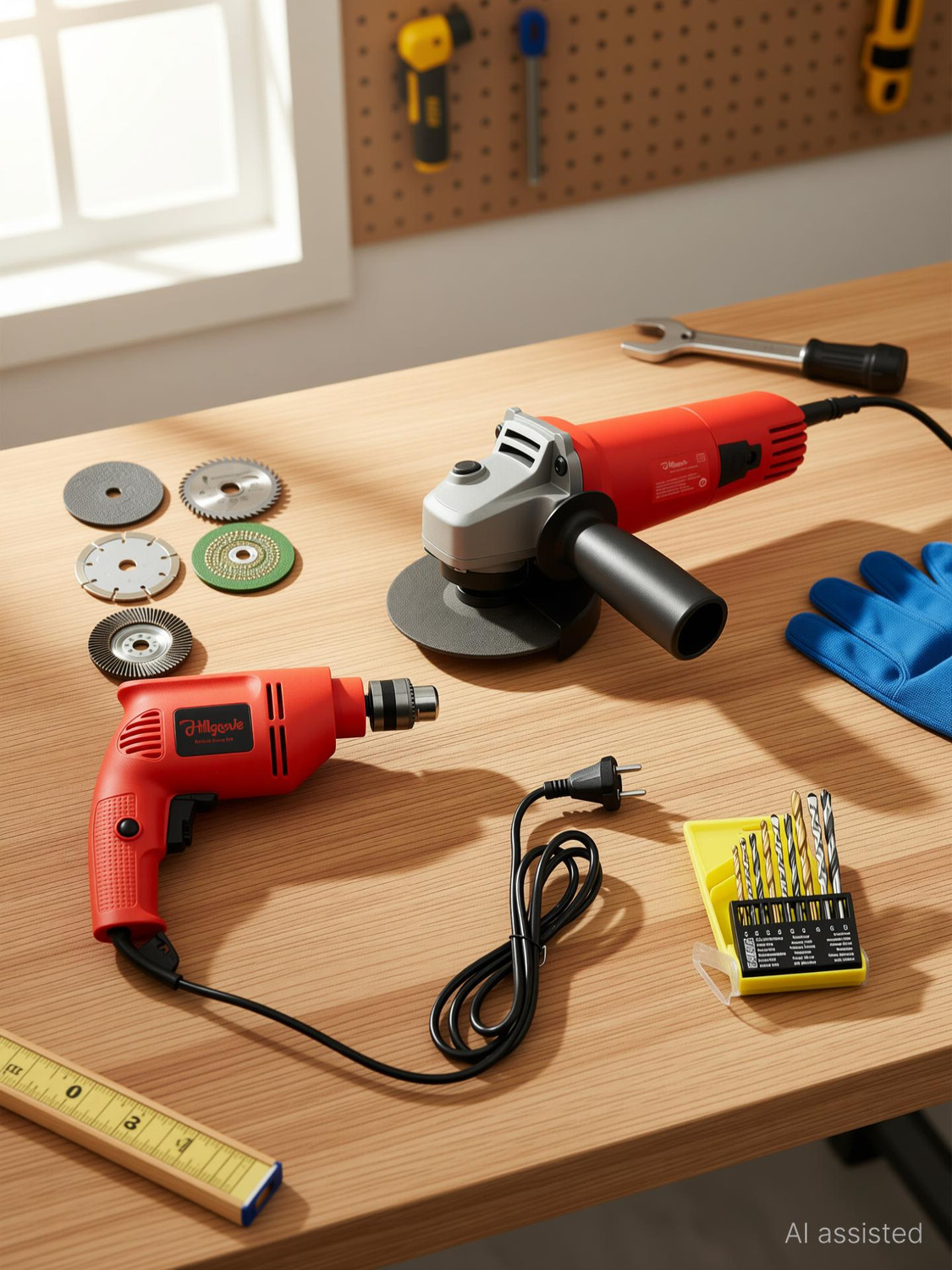 Image of Hillgrove HGCM1385M2 100% Copper Winding 10mm Drill Gun Drilling Machine Kit Set with HGCM1385M2 4inch Hand Angle Grinder Wall Cutter Grinding Glender Cutting Machine Hammer Drill