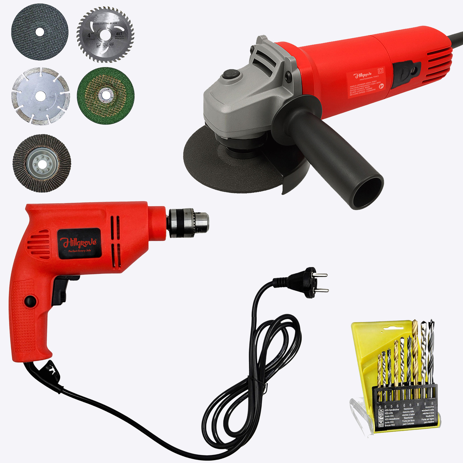 Image of Hillgrove HGCM1385M2 100% Copper Winding 10mm Drill Gun Drilling Machine Kit Set with HGCM1385M2 4inch Hand Angle Grinder Wall Cutter Grinding Glender Cutting Machine Hammer Drill