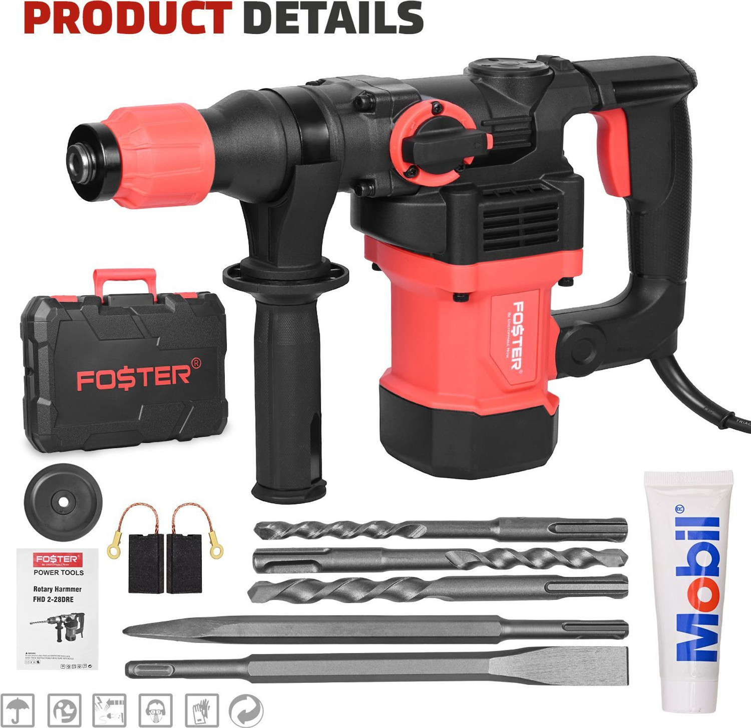 Image of FOSTER FHD 2-28 DRE | 28mm , 1050W | Best Seller , Heavy Duty | Hammering machine for Wall, Brick, Metal, Concrete | Chisel Machine | With Bits Hammer Drill