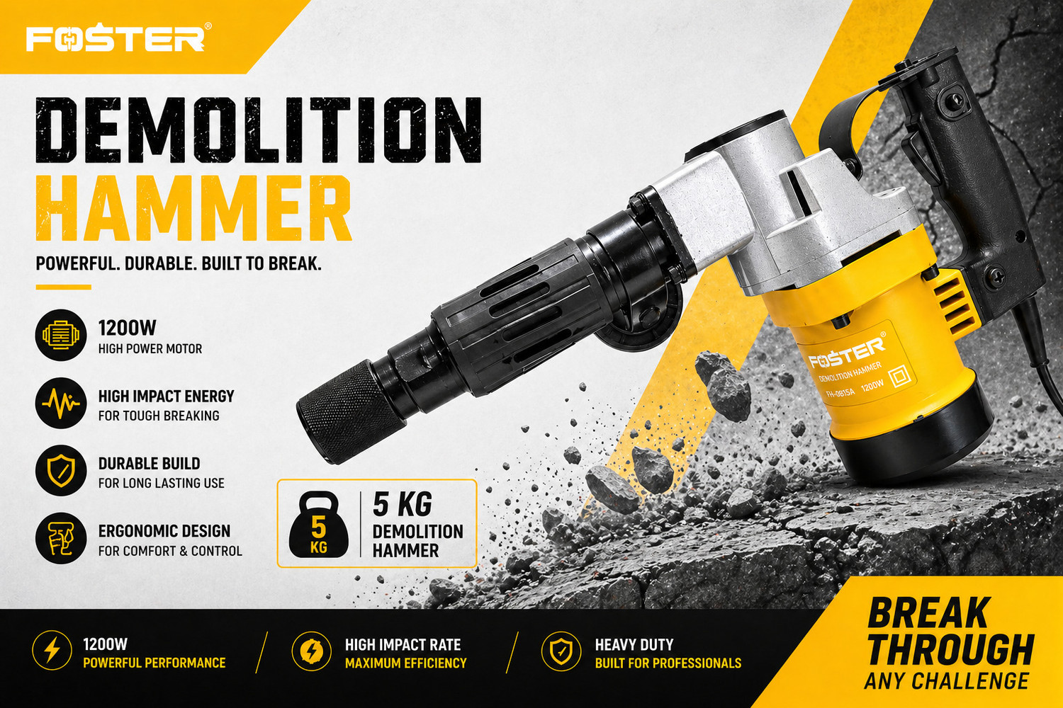 Image of FOSTER FDH-0810Y | Yellow, 5 KG , Heavy Duty Breaker | FDH-0810 | 5 Kg Demolition Hammer 1200W | Breaker Machine 13.5J Impact Energy Hammer Drill