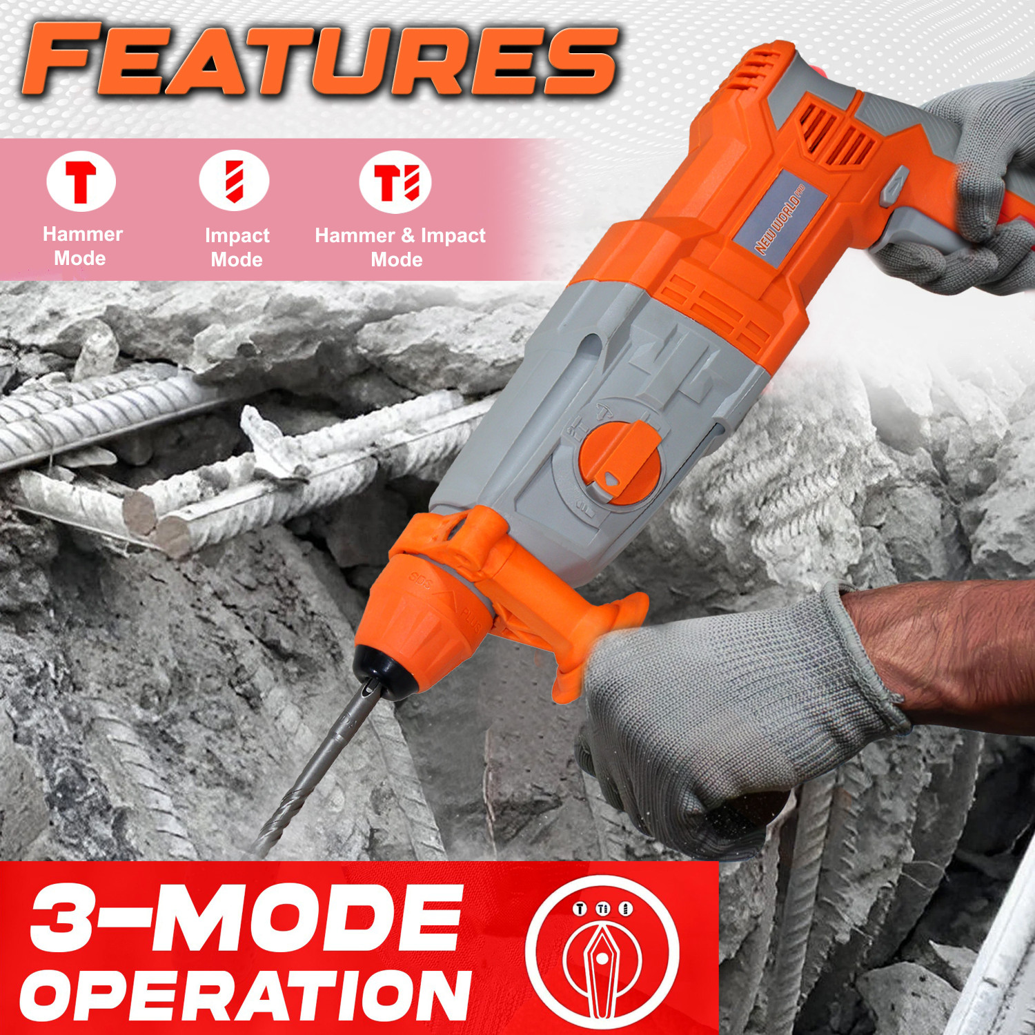 Image of Digital Craft Drill Machine 100% Copper Winding - 13mm Chuck Hand Tool with SDS Adaptor 2200W Electric Rotary Hammer Drill Machine 26mm with 5 Drill Bits Rotary Hammer Drill