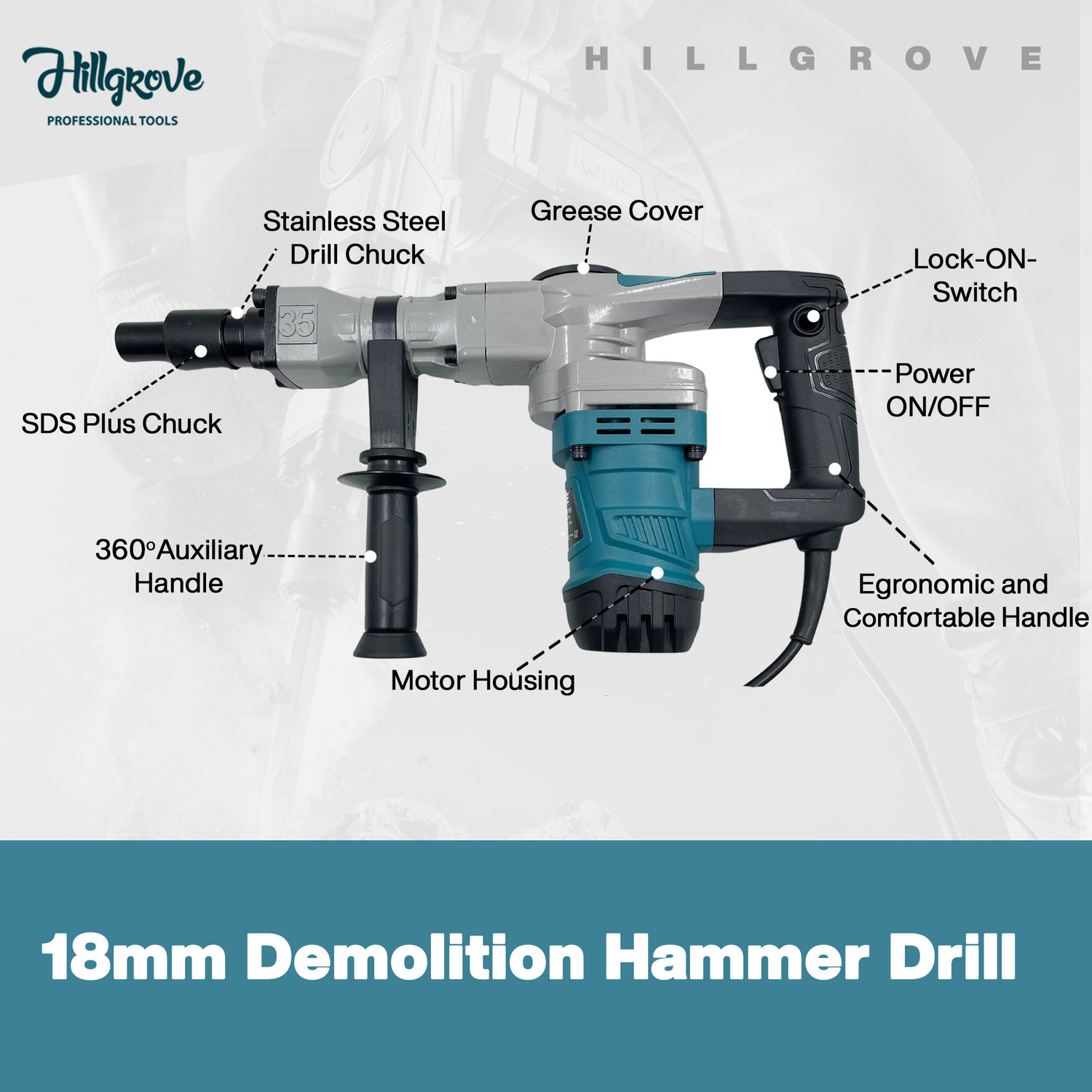 Image of Hillgrove 100% Copper Winding HGCM1058M3 18MM Drill Machine with 2 Bits for Breaking Concrete Wall (18 mm Chuck Size, 2000 W) HPD36 Rotary Hammer Drill