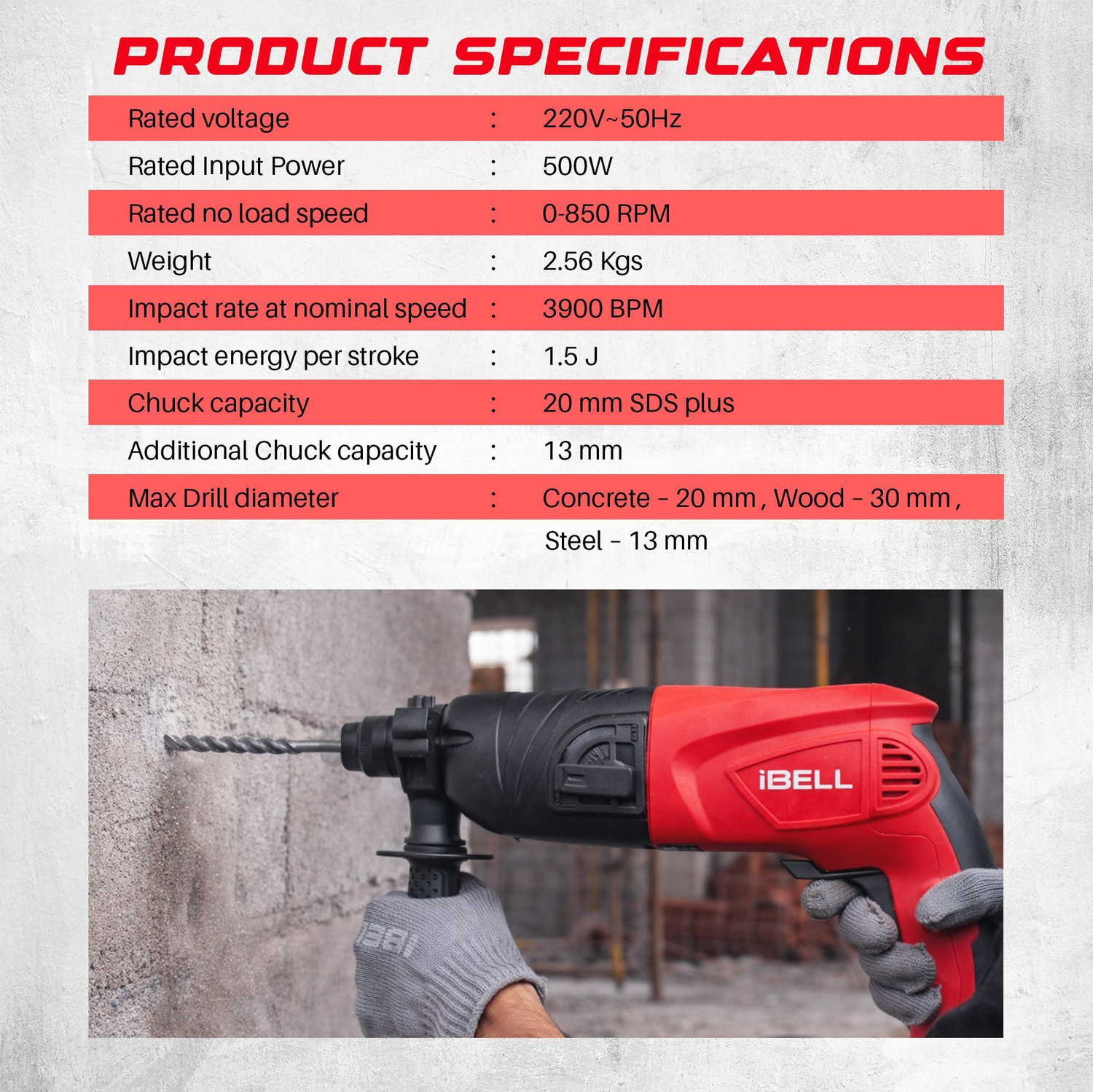 Image of iBELL Rotary Hammer Drill, 850 RPM, Impact Energy 1.5J, RH20-25,SDS Plus,500W,20MM Rotary Hammer Drill