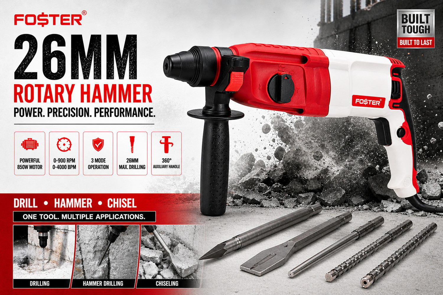 Image of FOSTER FHD 2-26DRE | 26mm , 850W | Best Seller , Heavy Duty | FHD 2-26 DRE Rotary Hammer Drill