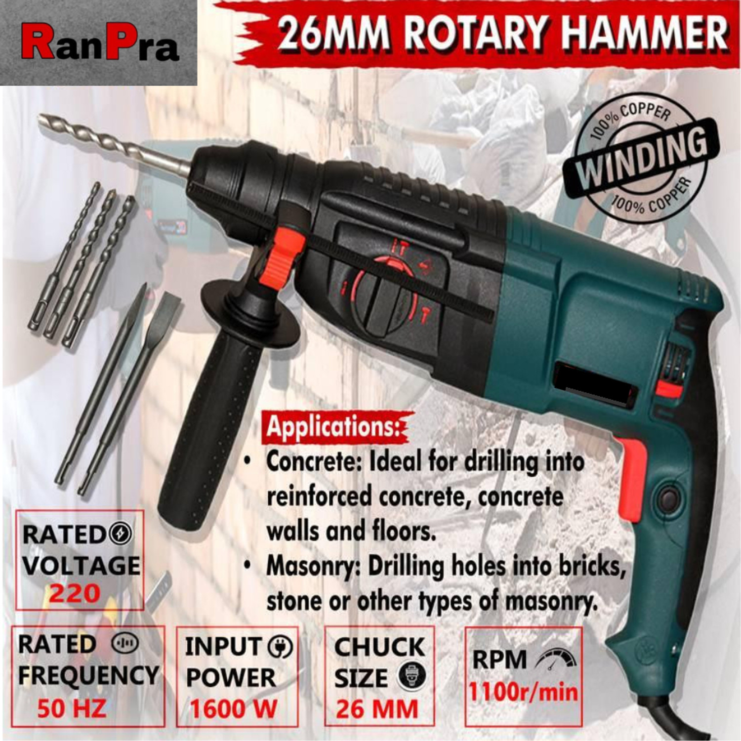 Image of RanPra 5INCH / 125MM ANGLE GRINDER | 26MM ROTARY HAMMER DRILL Angle Grinder