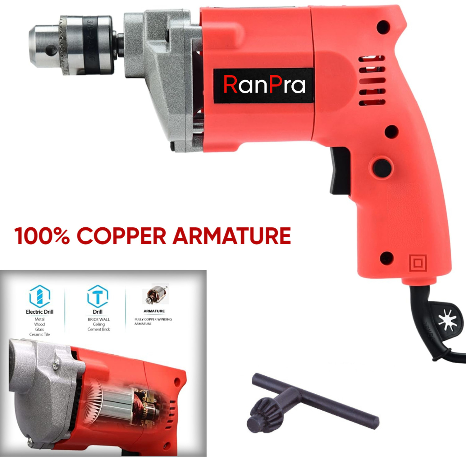 Image of RanPra 100% COPPER ARMATURE 10 MM DRILL MACHINE | 5PCS DRILL BIT SET| SAFETY GLOVES Pistol Grip Drill