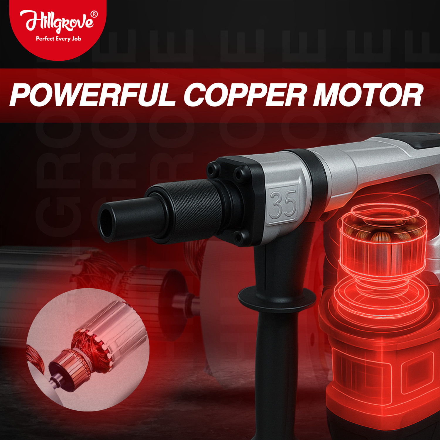 Image of Hillgrove HGCM1399M1 2000W 100% Copper Winding 7Kg Concrete Demolition Hammer Chipping HGCM1399M1 Hammering Drilling Breaker Drill Machine 7Kg Kit Set Rotary Hammer Drill