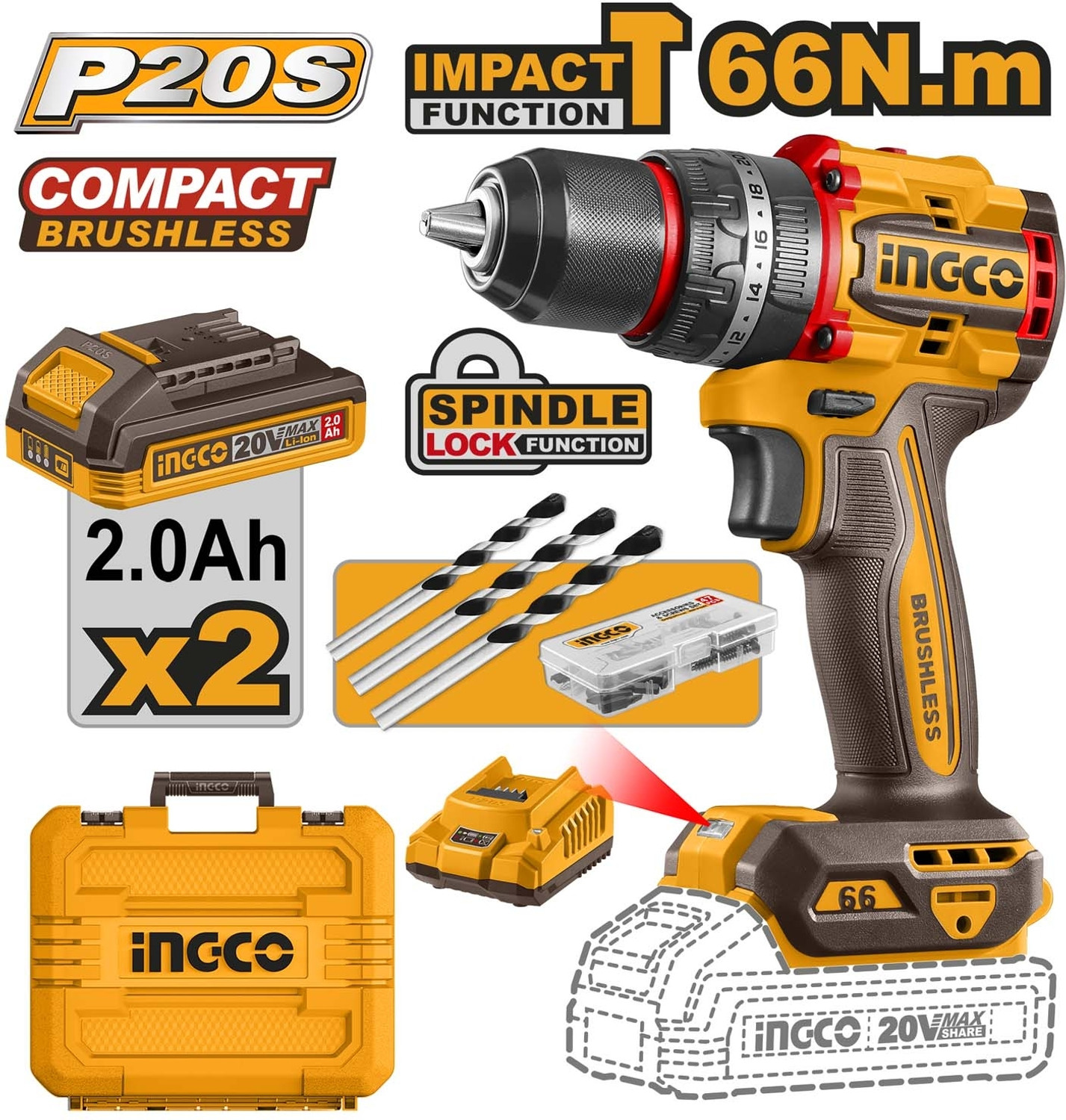 Image of INGCO (66 N.m, 2-Speed, 2x2.0Ah Batteries & Charger Included) CIDLI20668 20V Cordless Compact Brushless Impact Drill Driver Impact Driver