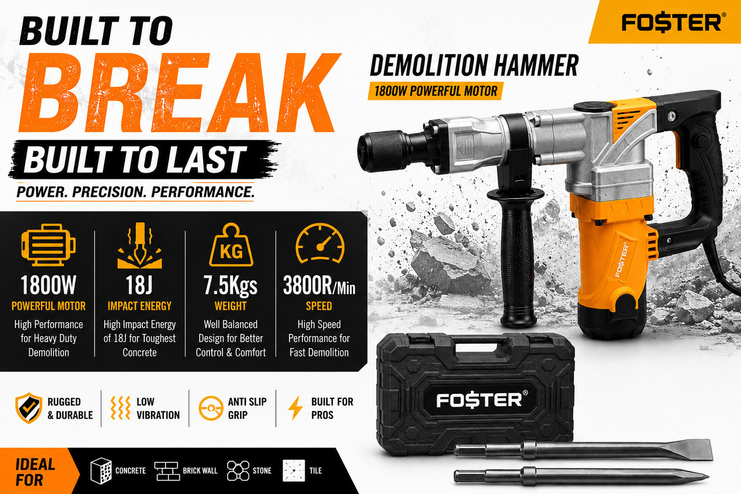 Image of FOSTER FDH-0855Y Demolition Hammer Breaker Machine |1800W, 18 J Impact Energy | FDH-0855Y 7.5 Kg Demolition Hammer Drill