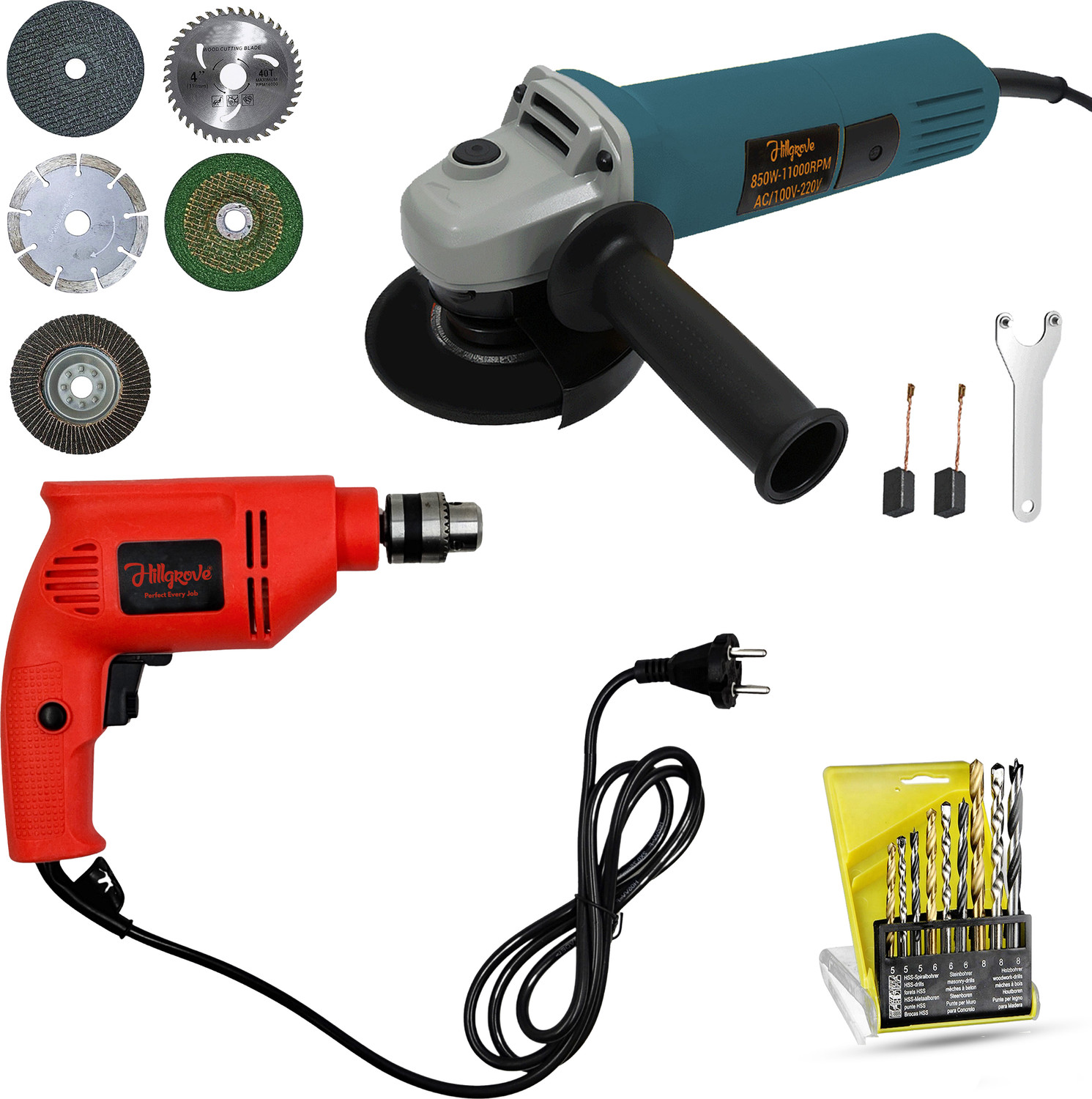 Image of Hillgrove HGCM1386M2 100% Copper Winding 10mm Drill Gun Drilling Machine Kit Set with HGCM1386M2 4inch Hand Angle Grinder Wall Cutter Grinding Glender Cutting Machine Hammer Drill