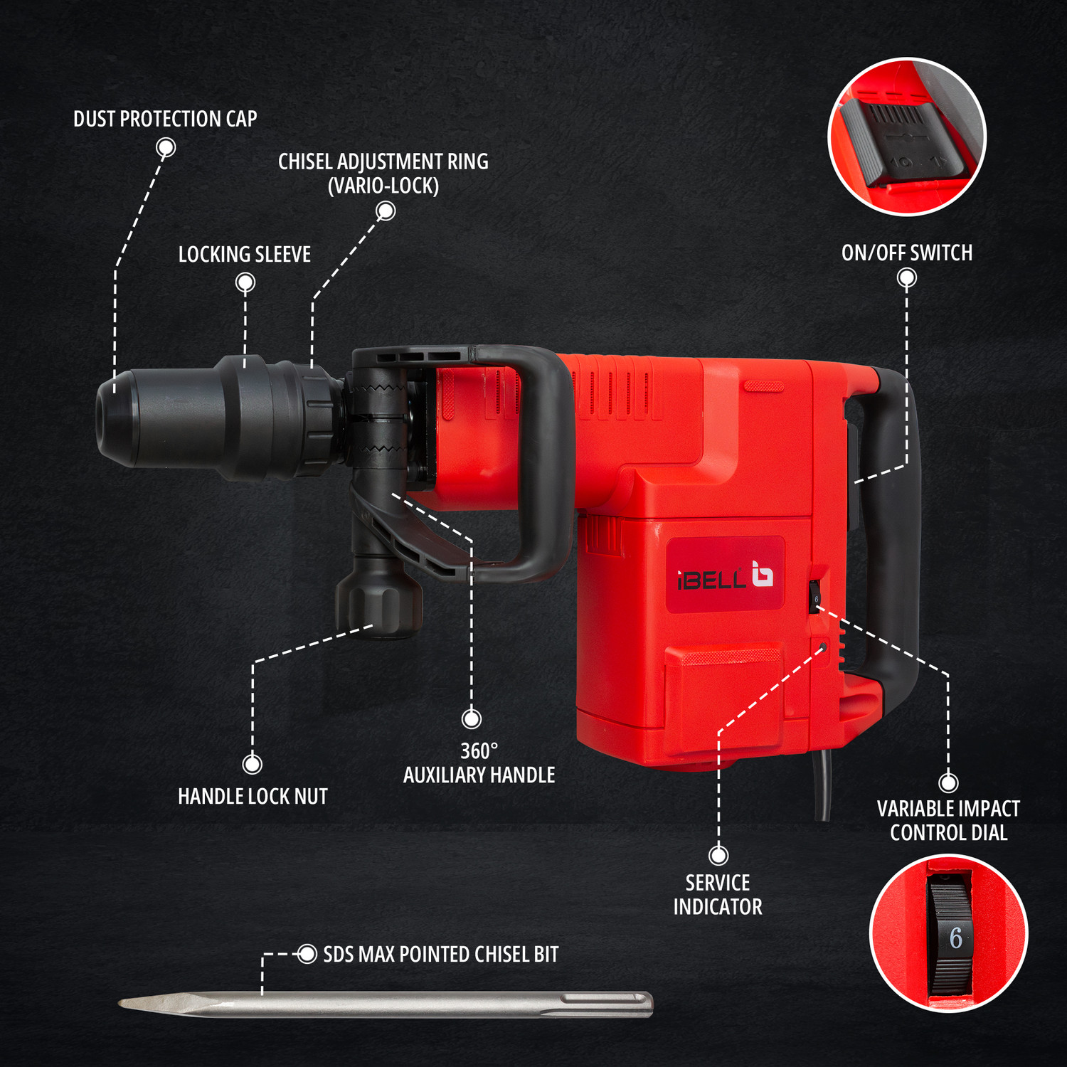 Image of iBELL Demolition Hammer, Impact 900-1890 /min, 10.3 Kg, Energy 25J, 30mm SDS Max chuck DH45-66 Hammer Drill