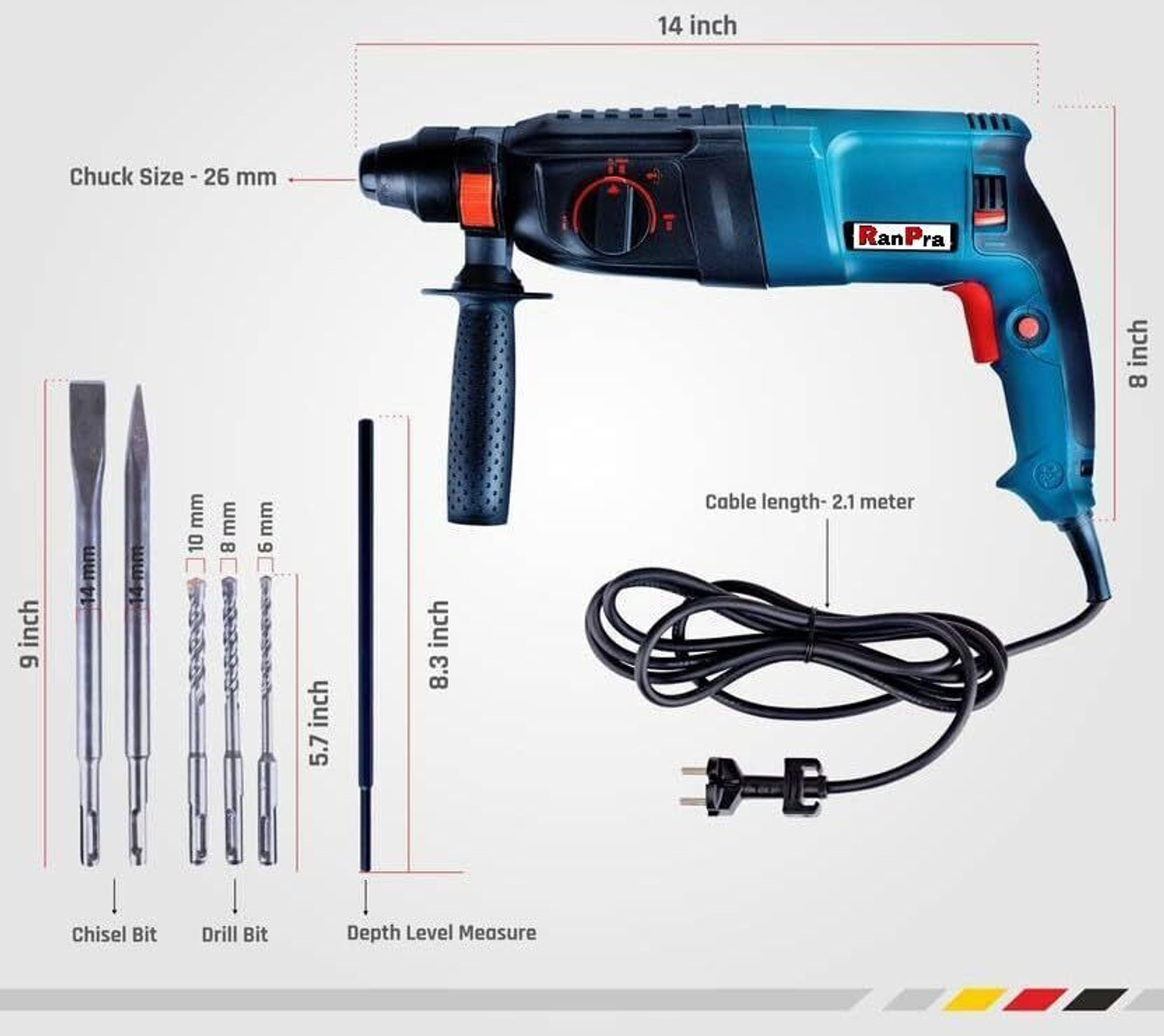 Image of RanPra 100% copper winding 26 mm hammer dril With 13mm Drill Chuck Sds 5 Pcs Drill Bit Rotary Hammer Drill
