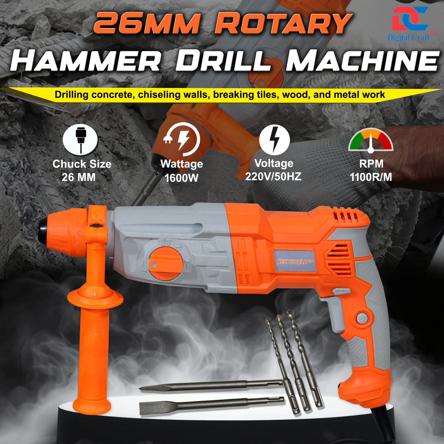 Image of Digital Craft Drill Machine 100% Copper Winding - 13mm Chuck Hand Tool with SDS Adaptor 2200W Electric Rotary Hammer Drill Machine 26mm with 5 Drill Bits Rotary Hammer Drill