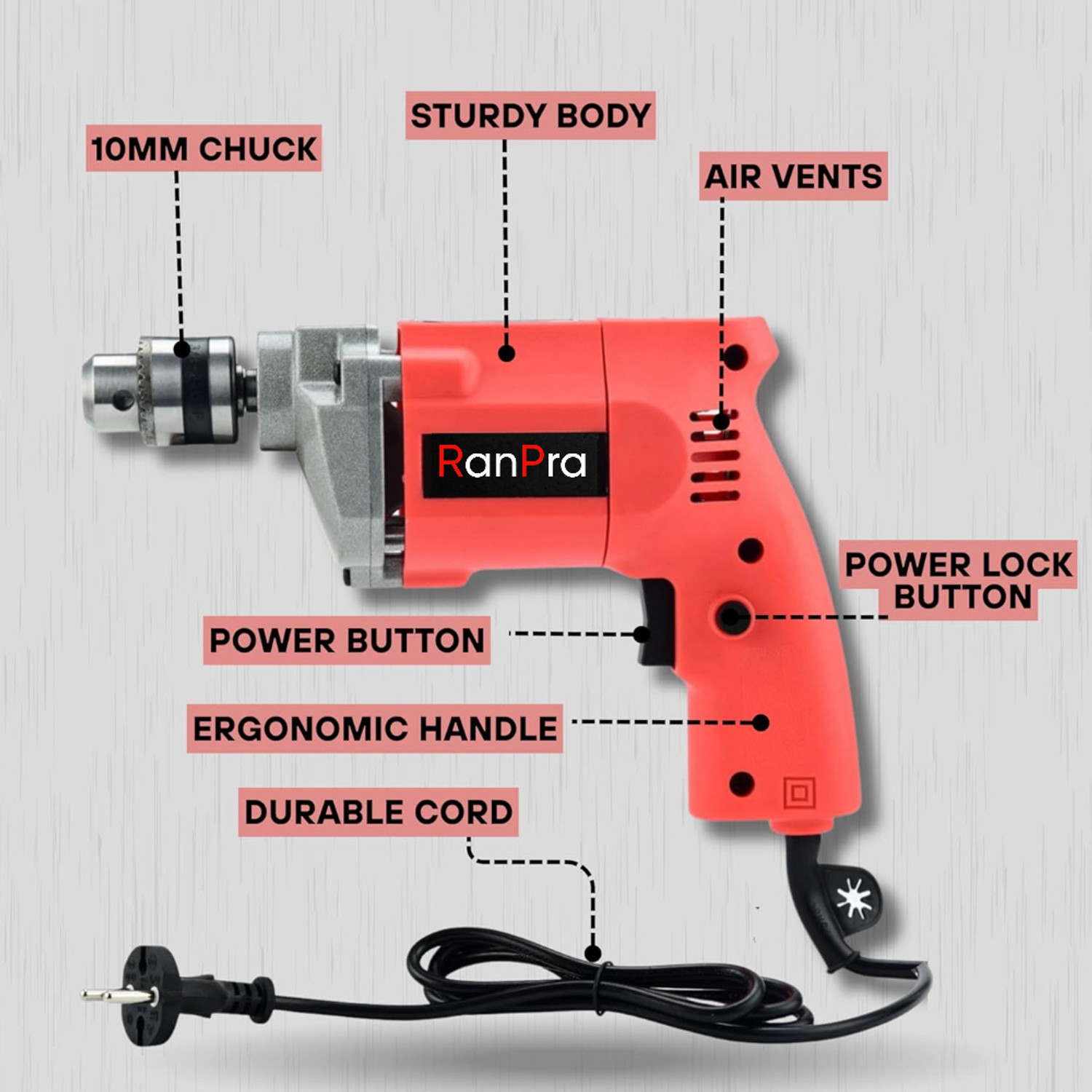 Image of RanPra 100% COPPER ARMATURE 10 MM DRILL MACHINE | 5PCS DRILL BIT SET| SAFETY GLOVES Pistol Grip Drill
