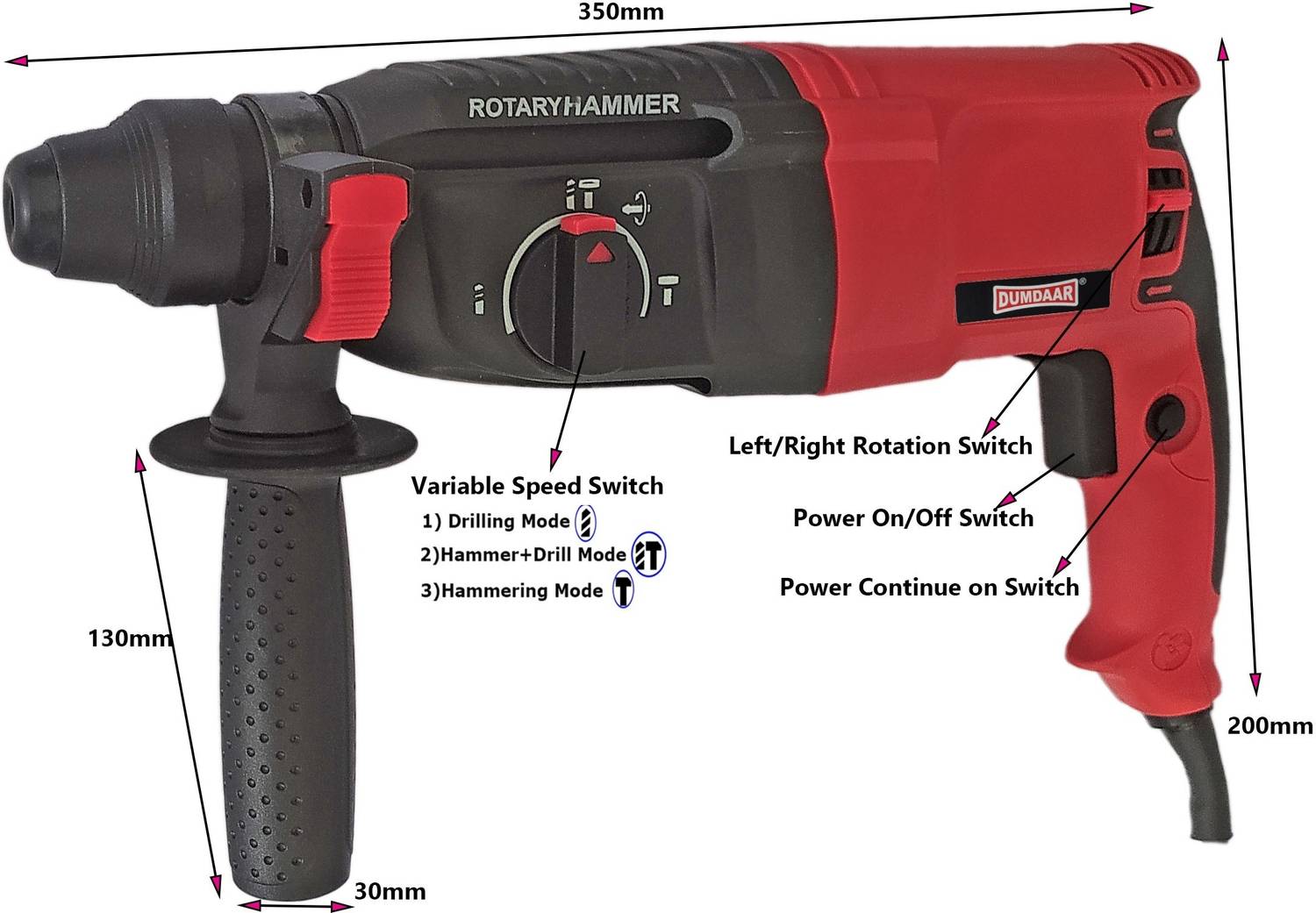 DUMDAAR DM26 1600W Red Rotary Hammer Drill - Image 5