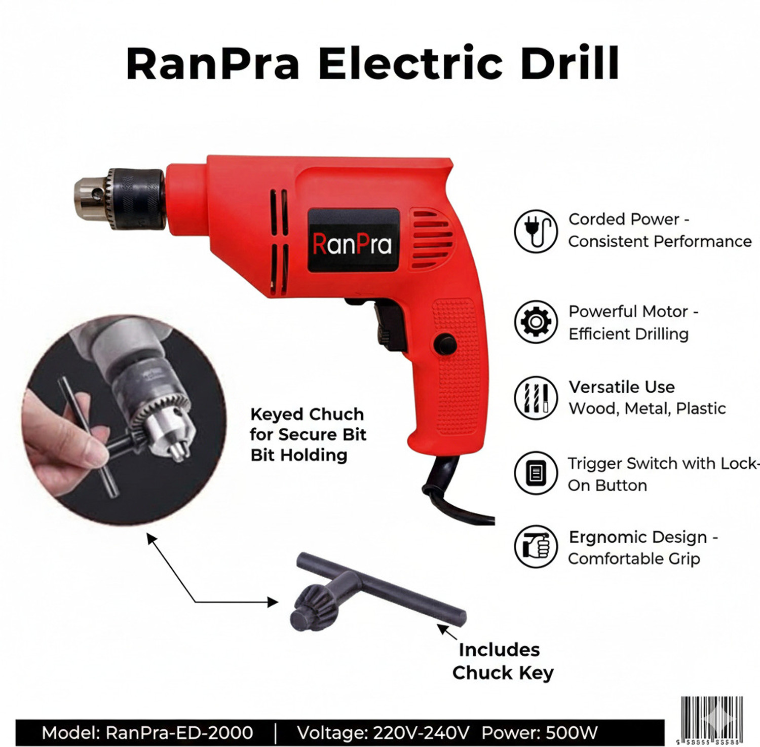 Image of RanPra 10MM DRILL MACHINE ( FORWARD & REVERSE FUNCTION ) WITH 6PCS FLAT WOOD DRILL BIT CF-366 10 MM DRILL MACHINE HEAVY DUTY Impact Driver